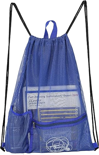 Bolsa de malla con cordón resistente, mochila de gimnasio con soporte para botellas para bolas, natación, juguetes de playa, Azul, Deportes