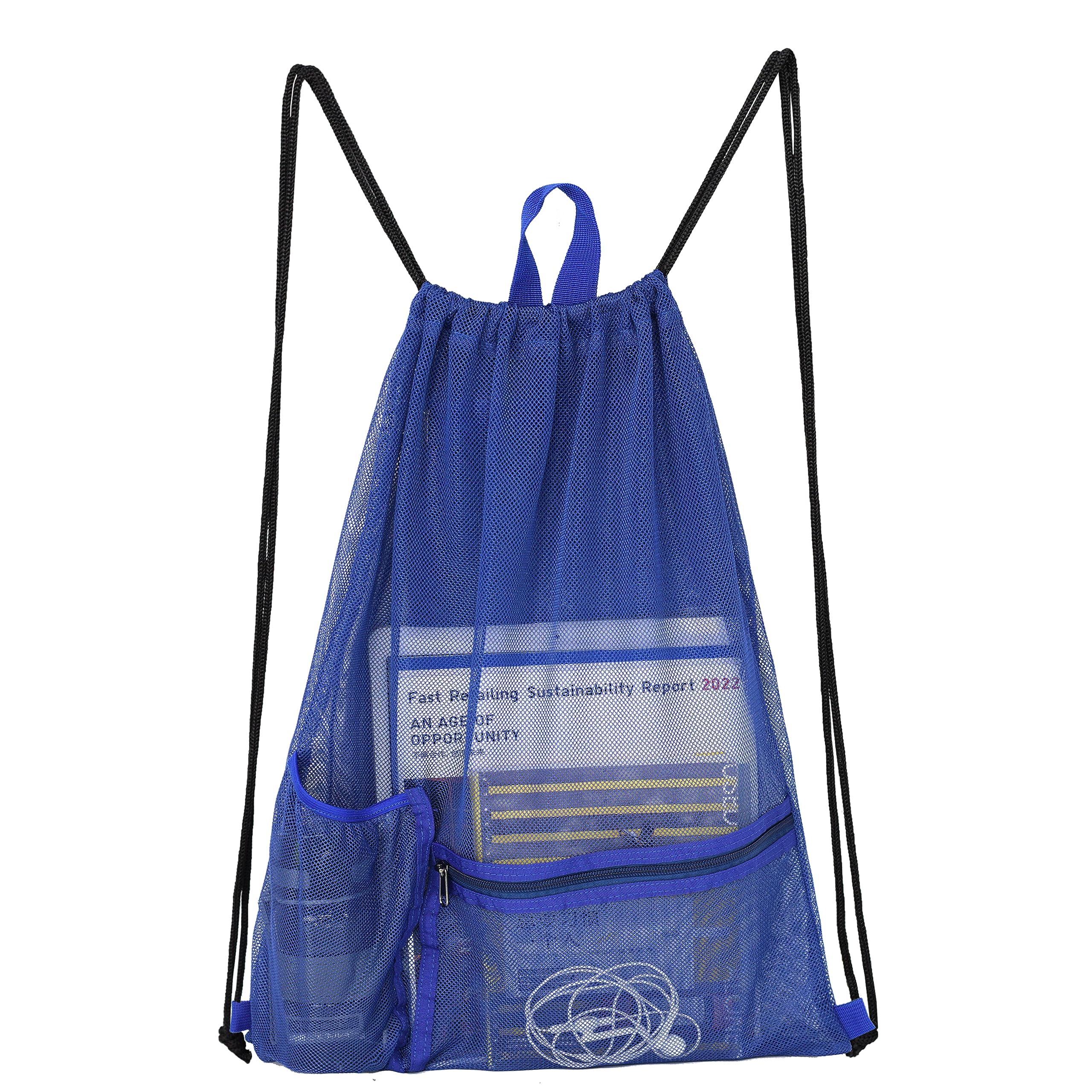 RudmoxHeavy Duty Drawstring Mesh Bag, Gym Backpack Sports String Bag with Bottle Holder for Balls, Swiming, Beach Toys