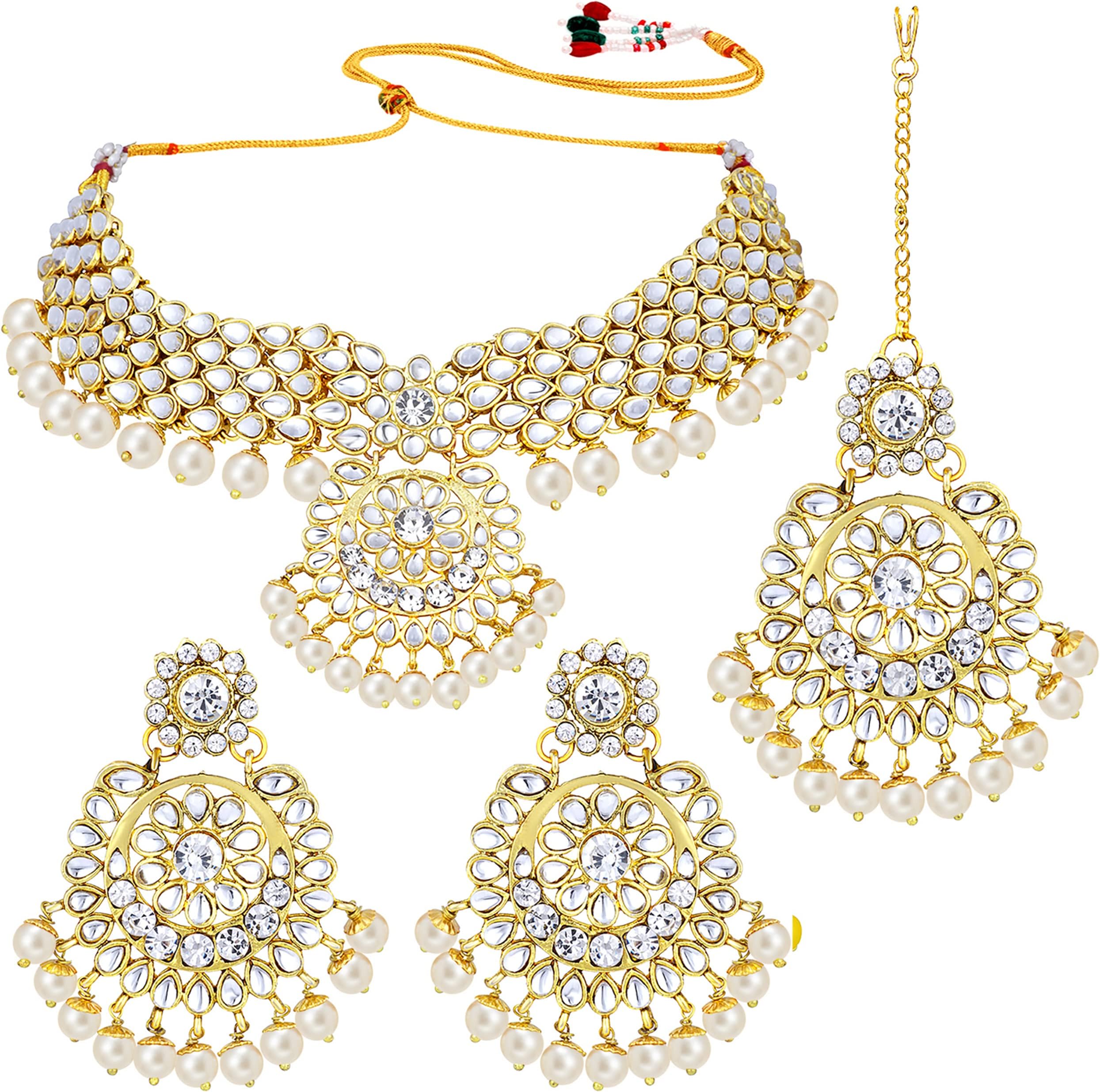 Elegant Wedding Party Wear Faux Kundan Studded Short Necklace Earrings with Maang Tikka Set Indian Ethnic Bollywood Fashion Jewelry Gift for Women