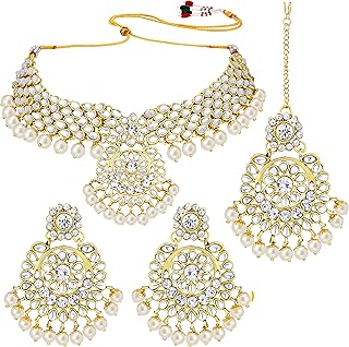 Elegant Wedding Party Wear Faux Kundan Studded Short Necklace Earrings with Maang Tikka Set Indian Ethnic Bollywood Fashion Jewelry Gift for Women