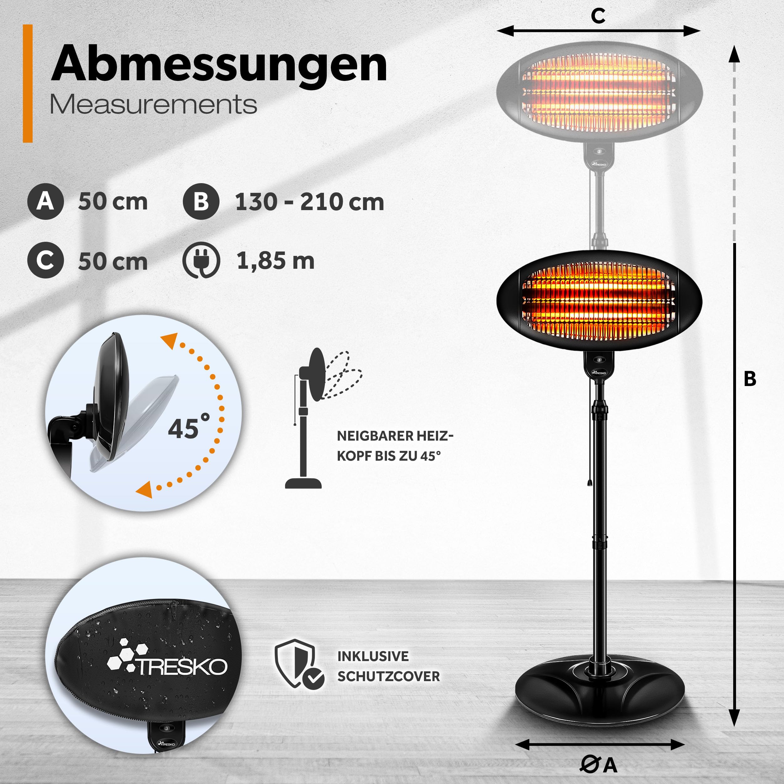 TRESKO Infrarot Stand-Heizstrahler 2000W | Wärmestrahler Terrasse elektrisch mit 3 Heizstufen | Terrassenstrahler Innen & Außen | Infrarotstrahler mit LED-Anzeige