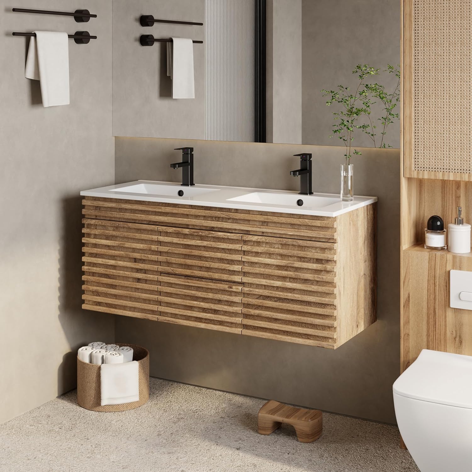 eclife 48" Floating Bathroom Vanity with Sink Combo Mid-Century Wall Mounted Cabinet with Wood Stripes Decor, Drawers, Undermount Double Sink, Faucet, Drain, Light Walnut