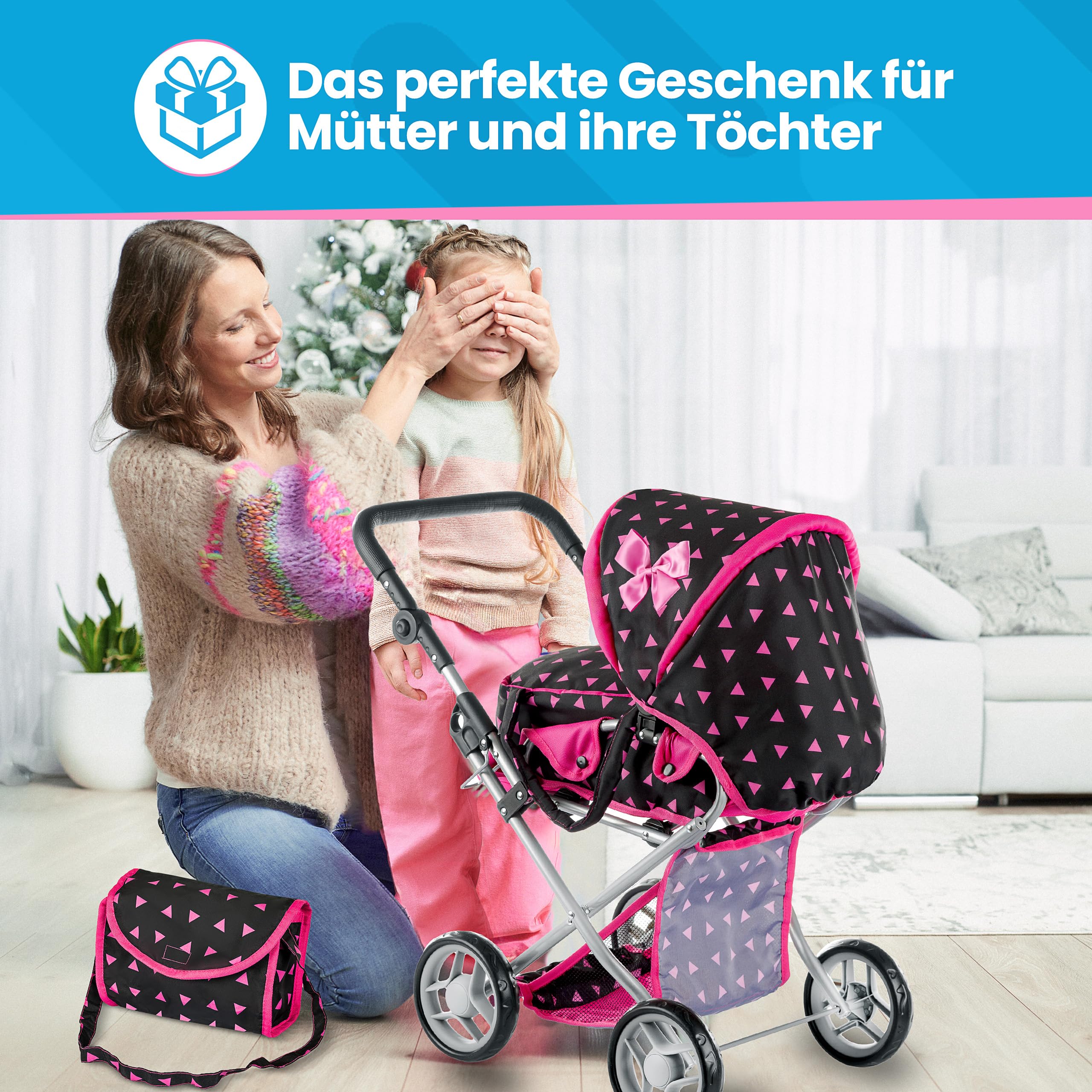 Kinderplay Puppenwagen ab 1 2 3 Jahre Kinderwagen Spielzeug - 3 in 1, Puppenwagen mit Herausnehmbarer Tragetasche und Umhängetasche, Höhenverstellbar 36.5 cm bis 64 cm, KP0200R