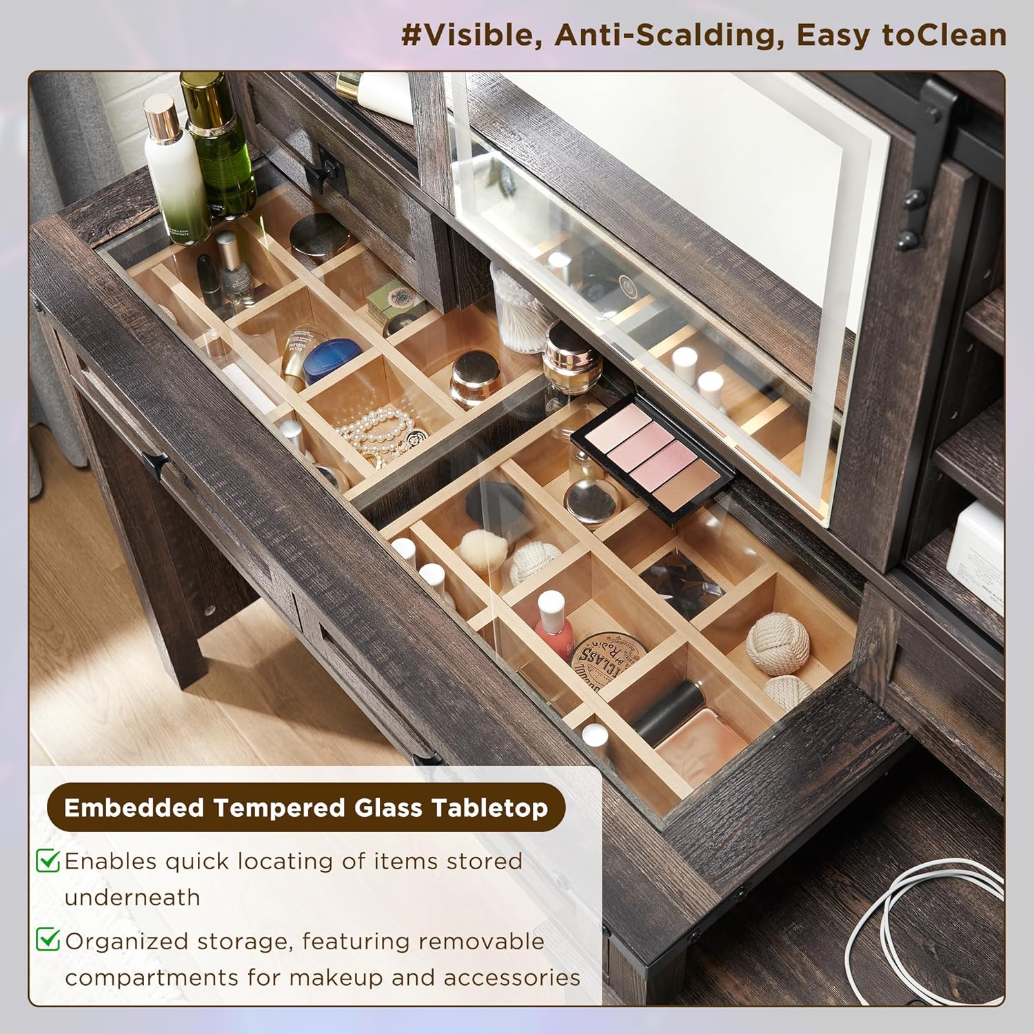 T4TREAM 48'' Farmhouse Makeup Vanity Desk with Sliding HD Mirror and Lights, Big Modern Lighted Vanity Table with 7 Drawers & Shelves, Rustic Large Dressing Table for Bedroom, Dark Rustic Oak