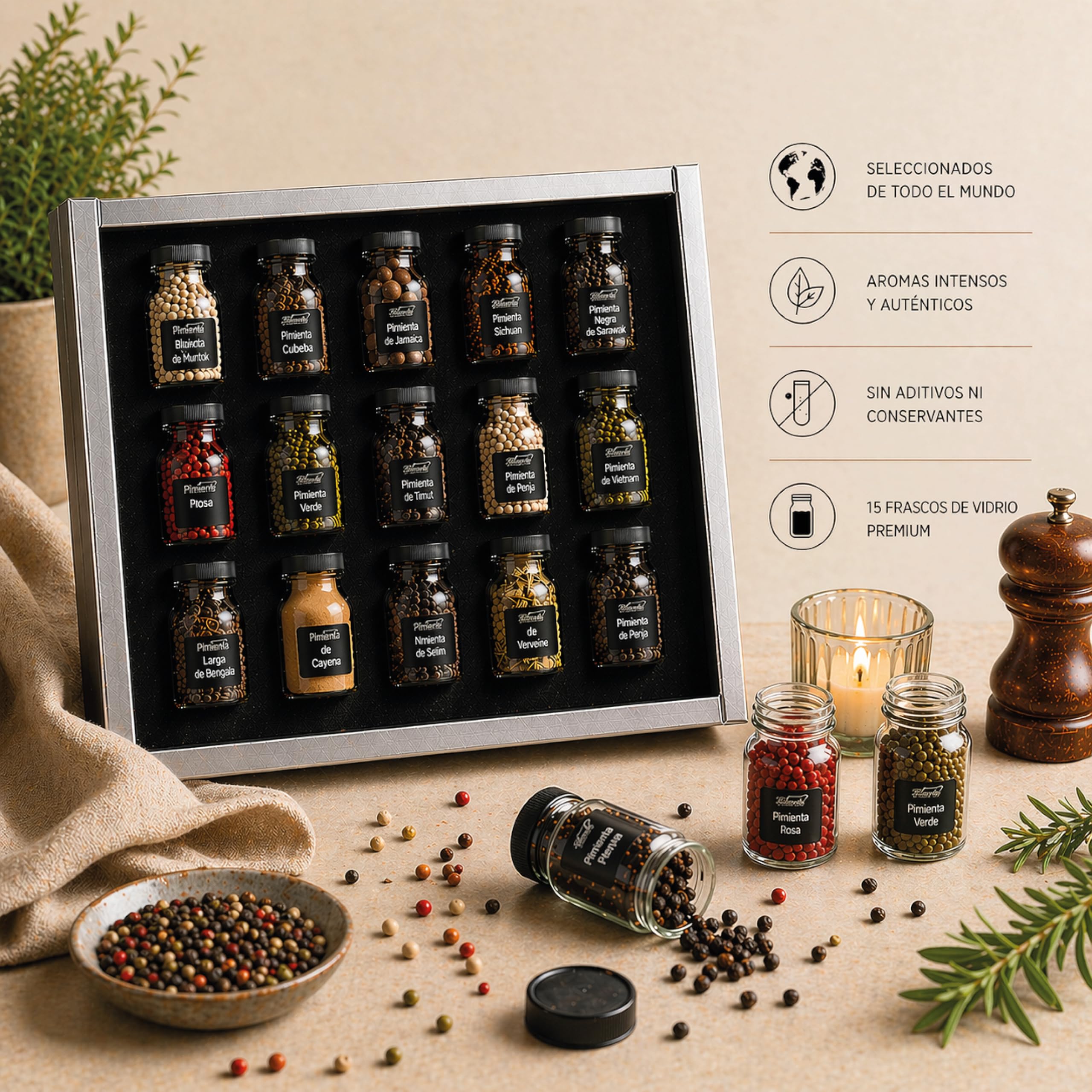 Bembo Set Regalo con 15 Pimientas del Mundo – Colección de Degustación - | 15 pimientas para observar, tocar, oler, probar y comparar. Un viaje sensorial para descubrir sus aromas y sabores.
