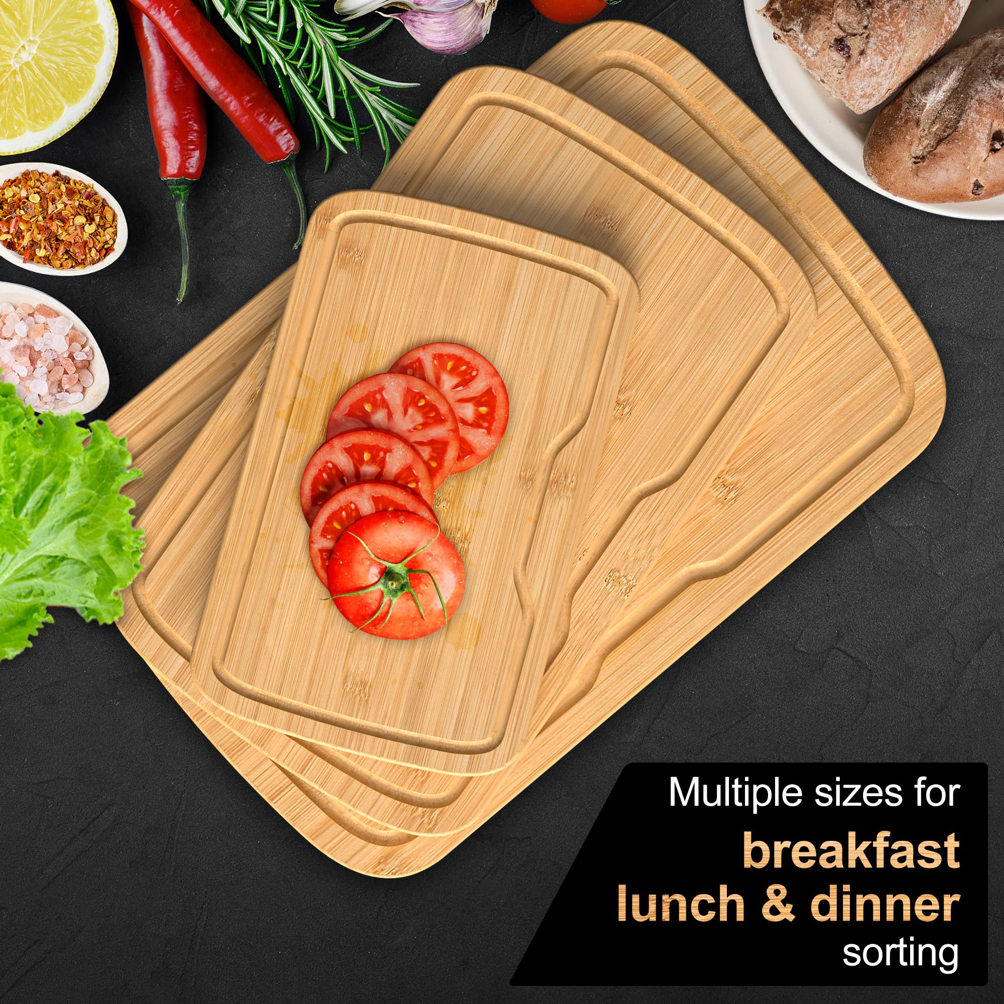 KitchenBoss Bambù Tagliere Legno con Scanalatura, Set di 3 Tagliere da Cucina38x25cm/33x20cm/25x15cm Cutting Board Duraturo per Carne, Verdure e Pane