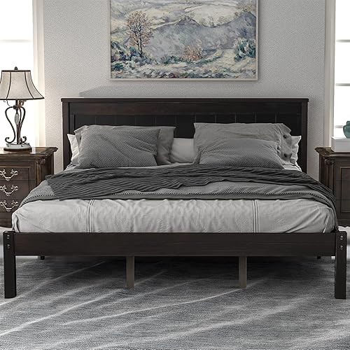 Harper & Bright Designs Cama Queen con cabecero, cama de plataforma Queen con soporte de listones de madera, no necesita somier (Queen, espresso)