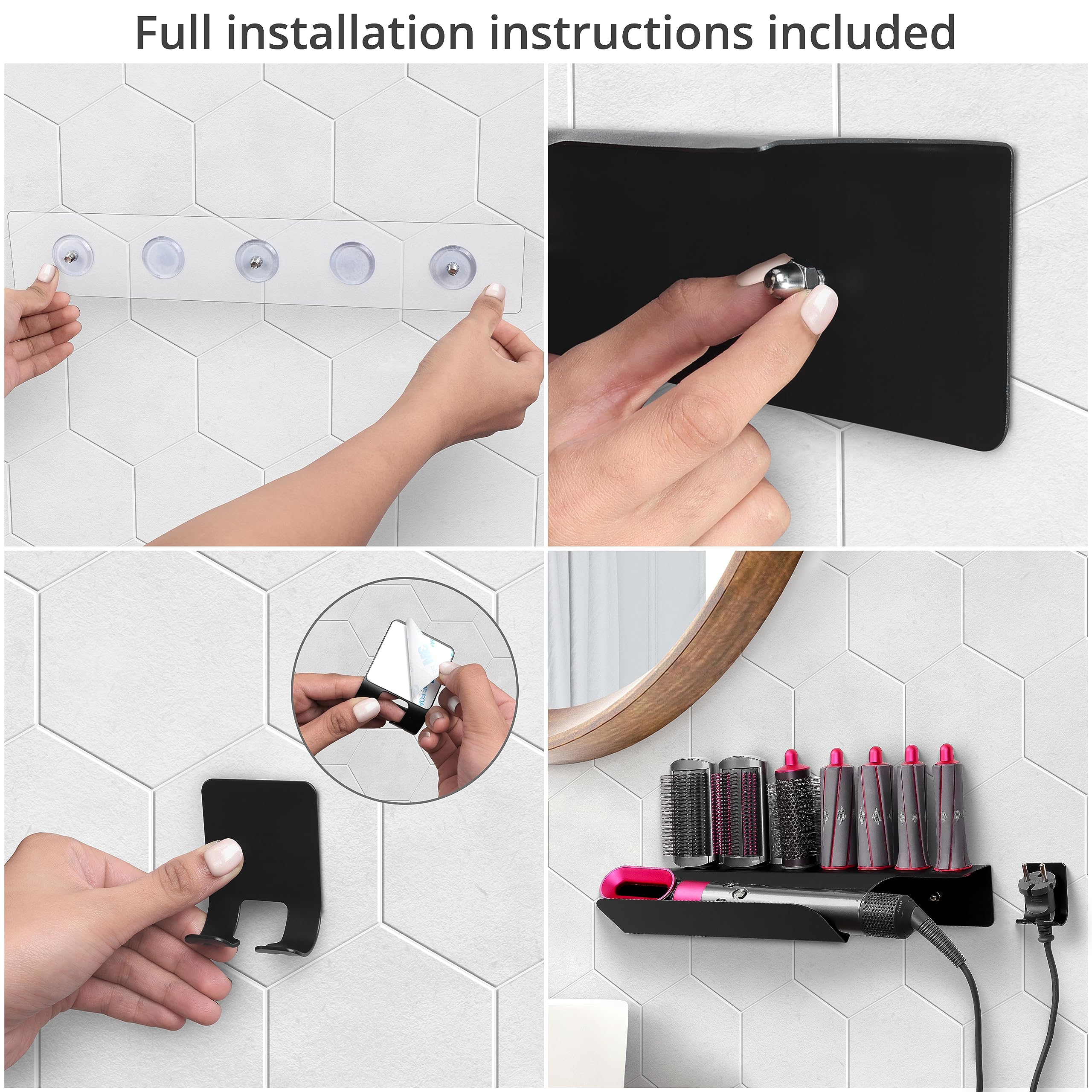 Winter Shore Uchwyt na Przechowywanie z Dyson Airwrap - Organizer na Ścianę z Mocnymi Podkładkami - Odporny na Wilgoć, Łatwy w Czyszczeniu, Bez Wiercenia - 39 x 17,5 x 7cm