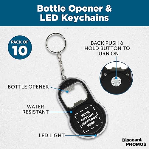 Miniatura 3 de DISCOUNT PROMOS Juego de 10 abrebotellas personalizados y llaveros LED, paquete personalizado a granel, perfecto para ferias comerciales, recuerdos