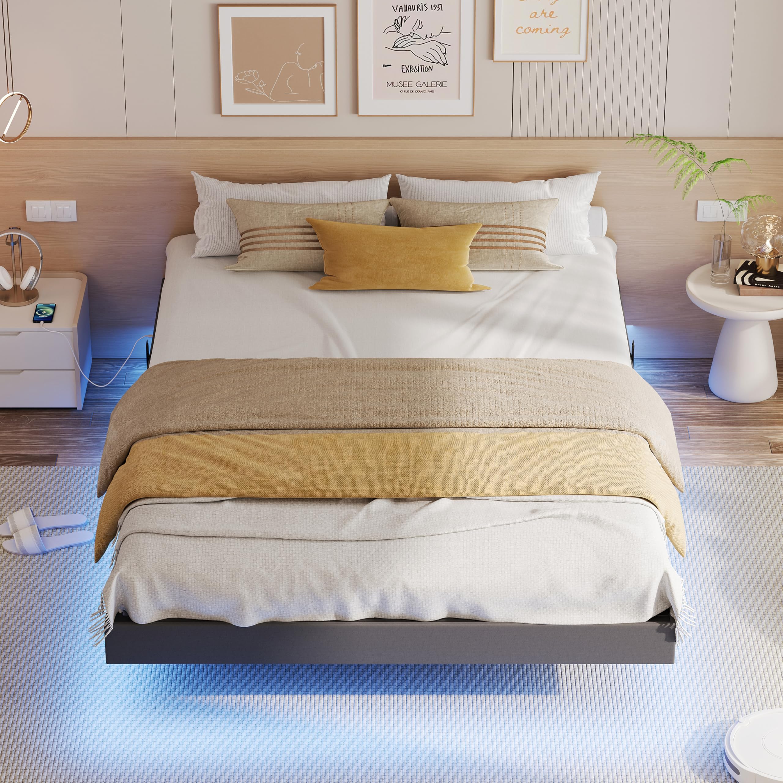 IRONCK Bettgestell 140x200 cm, Schwebender Bett mit LED Beleuchtung, Gepolsterte Seitenwände, 2 AC-Steckdosen, 2 USB-A-Anschluss, 1 USB-C-Anschluss, Metallbett mit Lattenrost Doppelbett, Grau