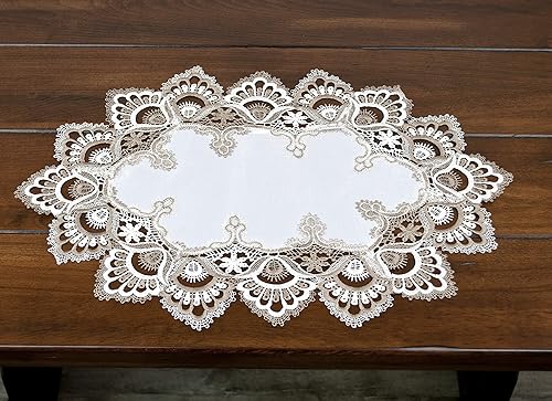 Miniatura 4 de Mantel individual de encaje de pavo real europeo con tono tierra y cacao y blanco, bufanda de tocador, tapete (14 pulgadas de ancho x 21 largo)