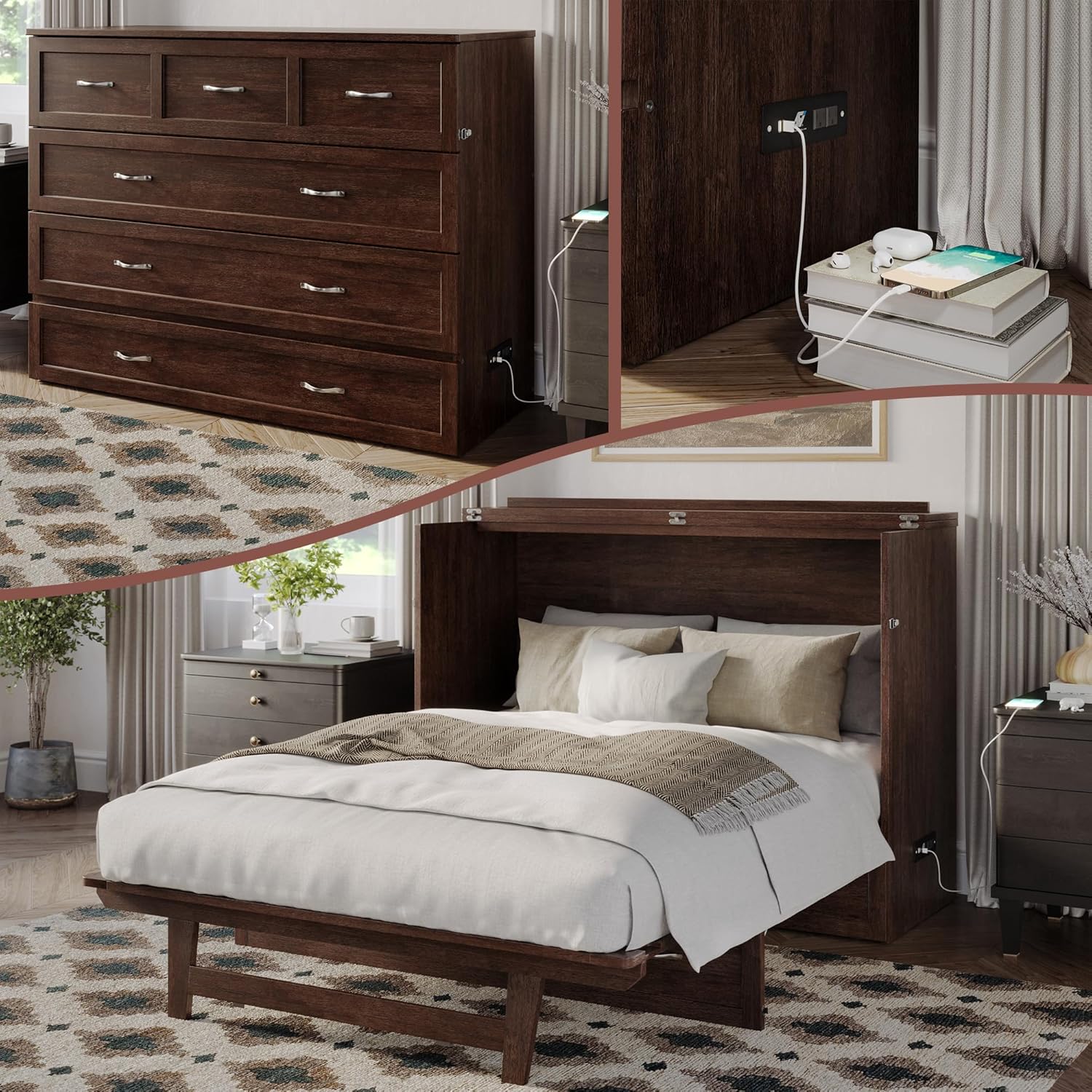 AFI, Northfield Murphy Bed Chest Full with 6" Mattress, Storage Drawer & Built-in USB Charger, Burnt Amber