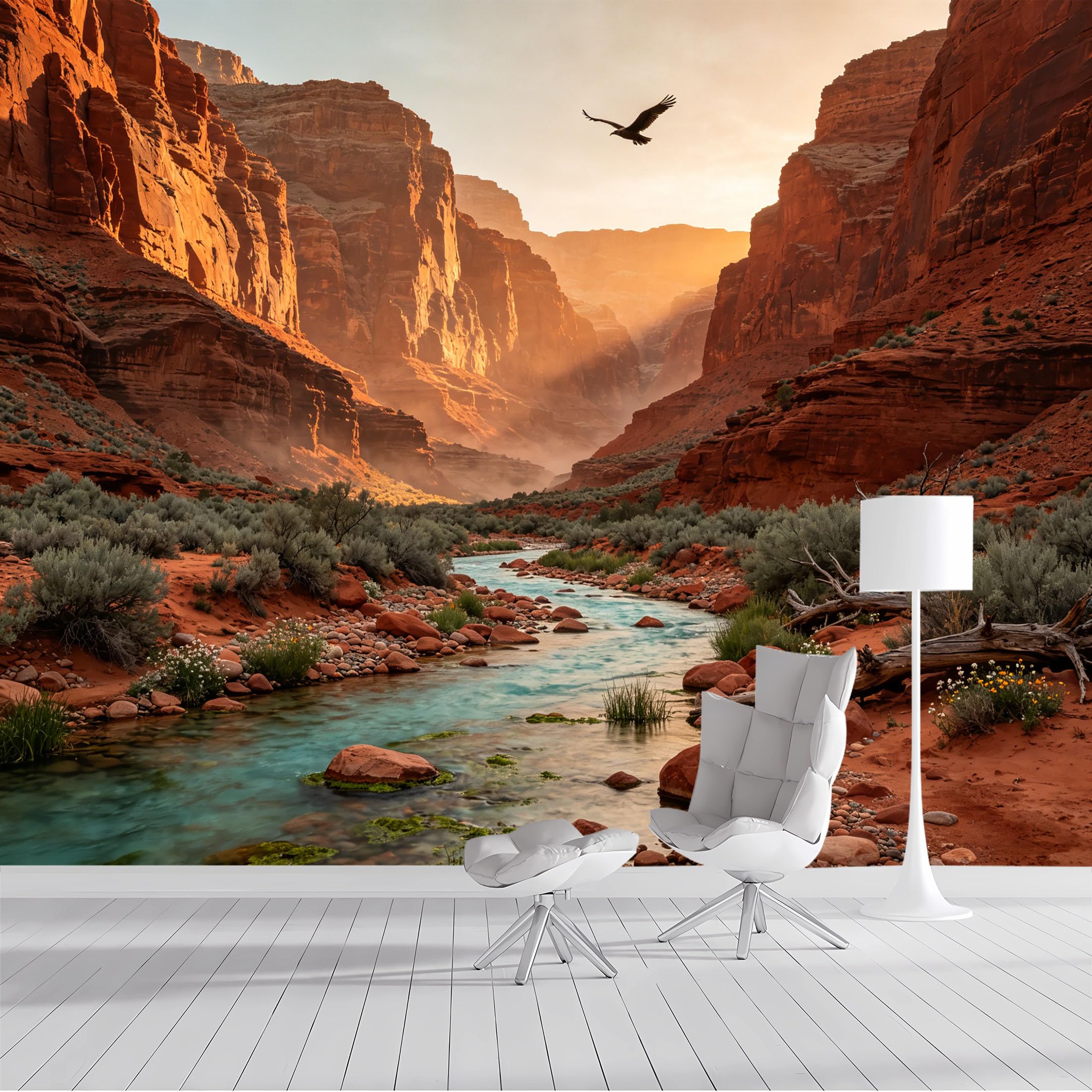 Custom Size Wall Mural Desert Canyon River Eagle Sunset Landscape SelfAdhesive Wall Fabric Removable Peel and Stick Wallpaper Wall Decor for Living Room Bedroom Bathroom