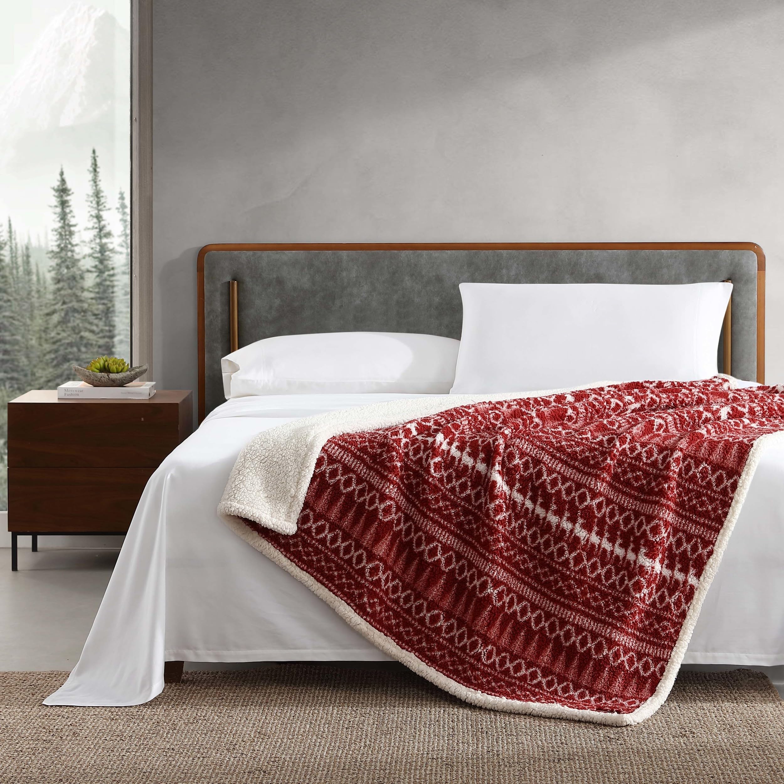 Throw Blanket, Reversible Sherpa Bedding, Warm & Lightweight Home Decor for Colder Months (Alpine Fair Isle, Throw)