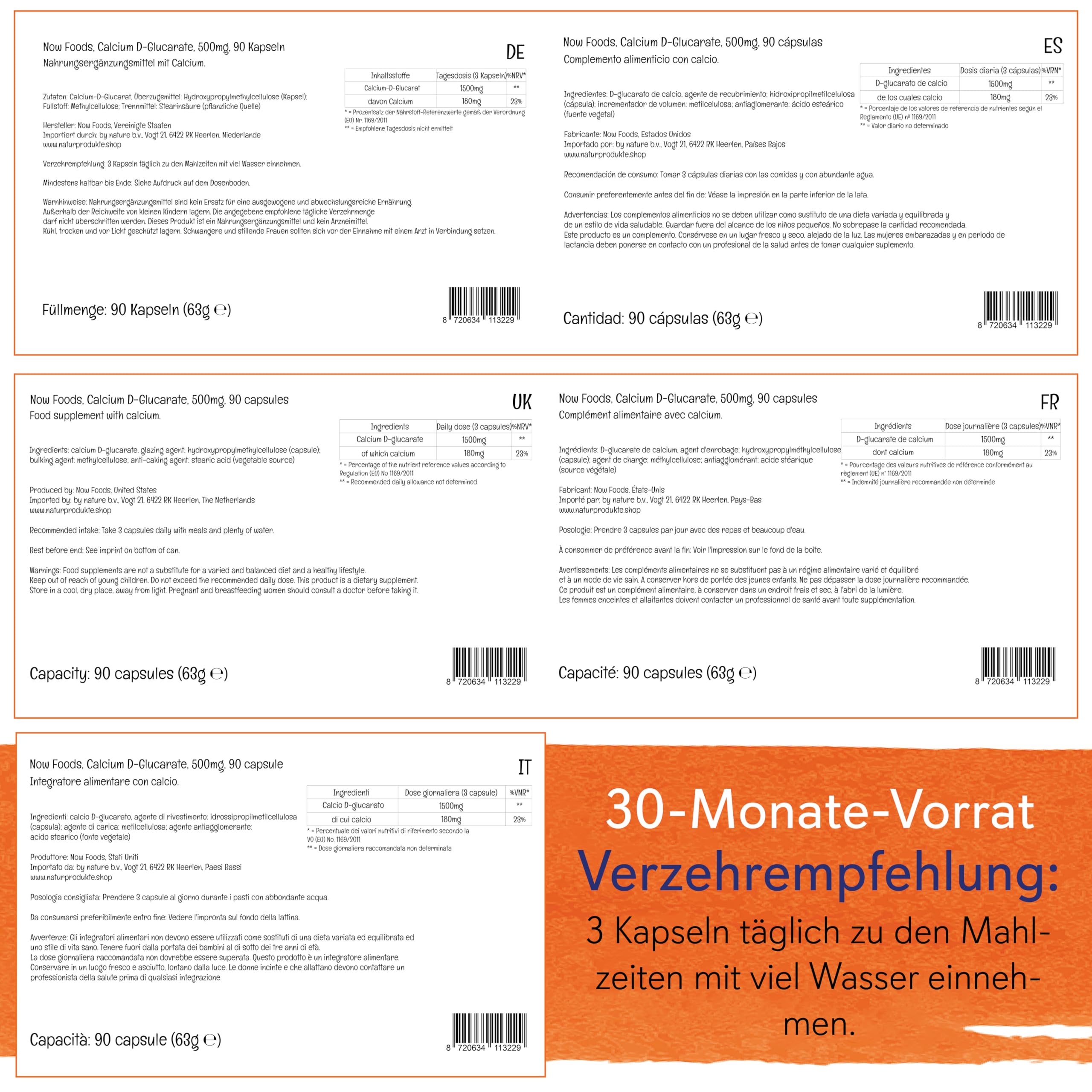 Now Foods Calcium-D-Glucarat, 500mg, hochdosiert, 90 vegane Kapseln, Laborgeprüft, Glutenfrei, Sojafrei, Vegetarisch, Ohne Gentechnik