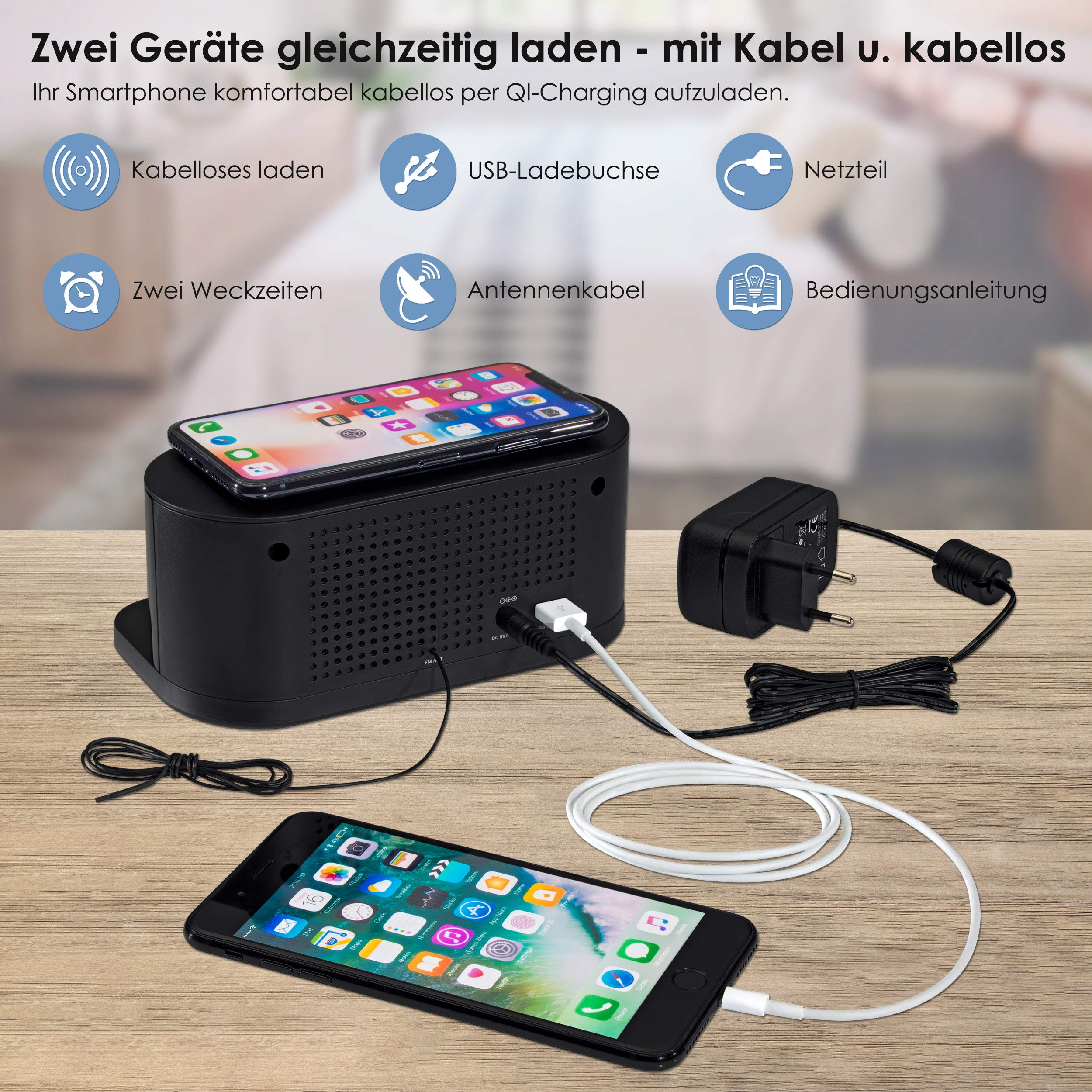 PEDEA FM Radiowecker mit induktiver QI-Ladefunktion und dimmbarem Display, Snooze, Dual Alarm und Sleep-Timer, schwarz
