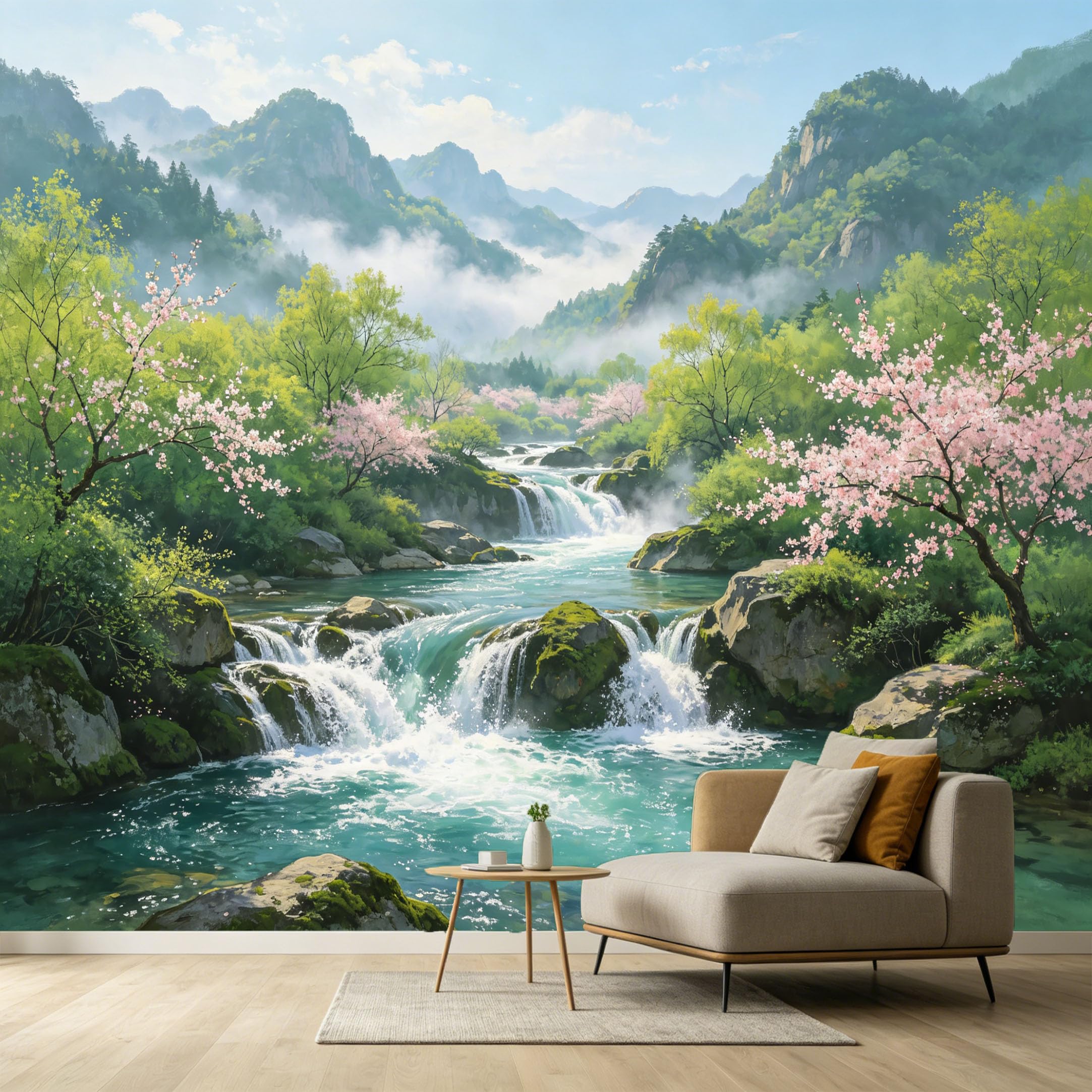 Custom Size Wall Murals Misty Mountain Waterfall Cherry Blossom Landscape Watercolor SelfAdhesive Wall Fabric Removable Large Wallpaper for Photo Living Room