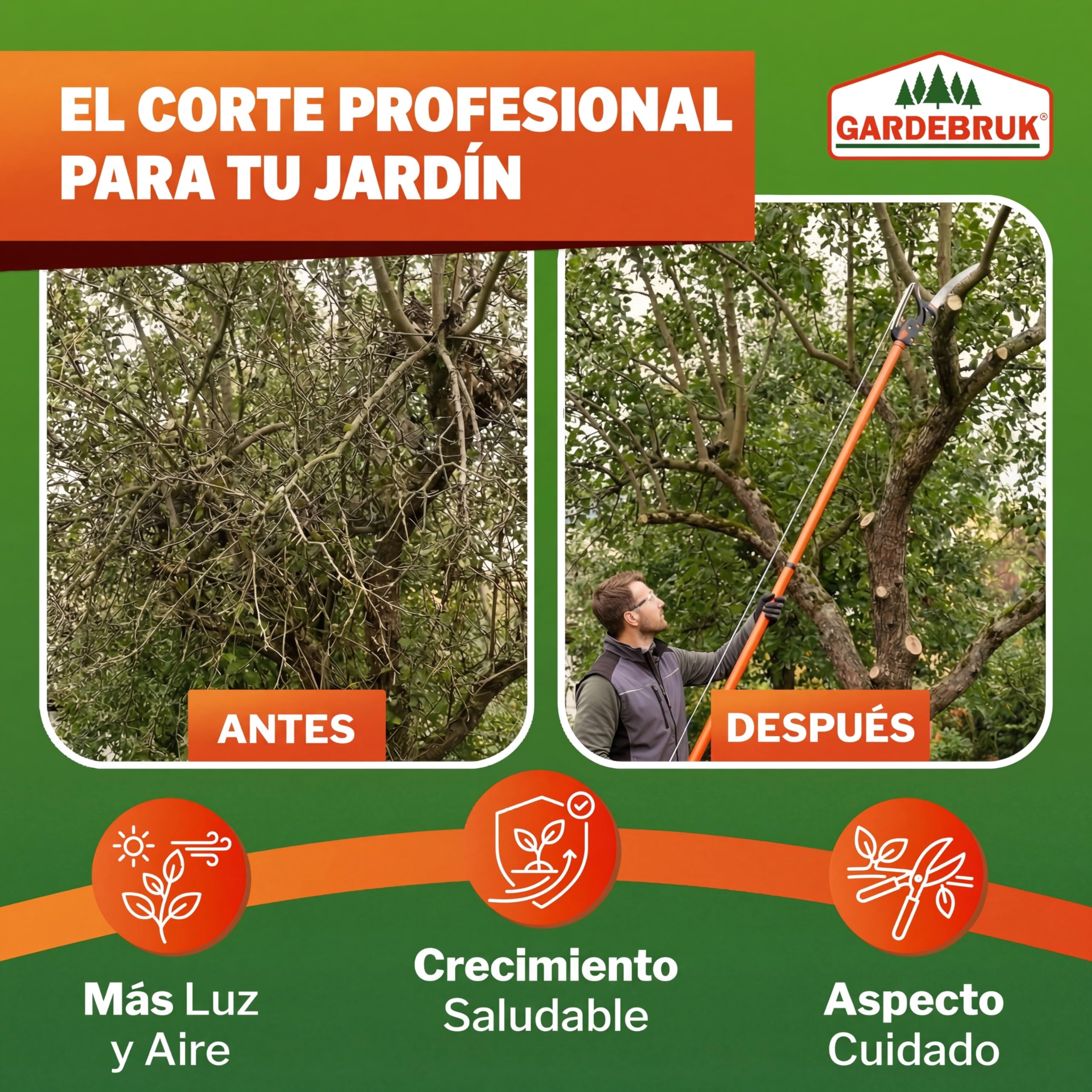 DEUBA® Tijeras de Podar Telescópica Sierra Podadora de altura 2en1 4 Metros Corta Ramas Gruesas Árboles Setos Serrucho Herramientas de Jardinería