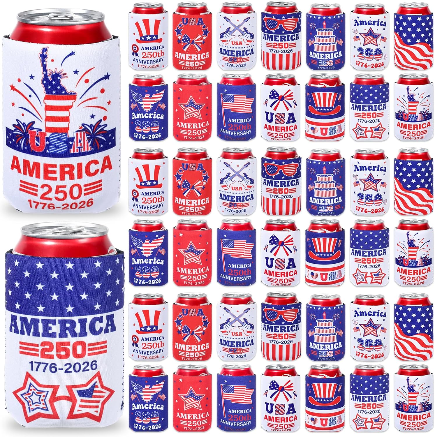 56 Pack 4th of July Can Cooler Sleeves 250th Anniversary USA Drink Holders Insulated Red White Blue American Flag Can Bottle Cover Collapsible for Independence Day Memorial Day Patriotic Party Favors