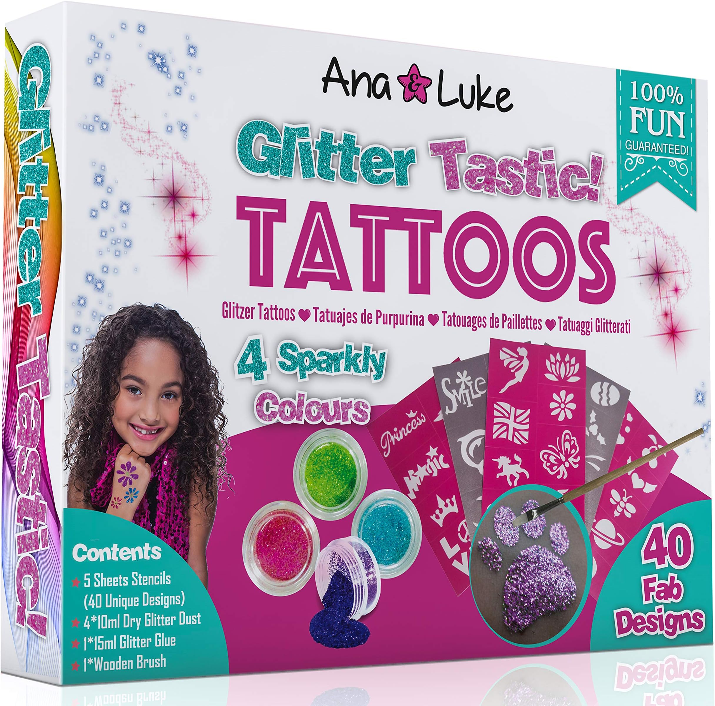 Ana and Luke Glitter Tattoos Kit, Mega Pack for Face, Body for Girls, Kids, 4 Large Pots of Glitter, 40 Adhesive Stencil Temporary Designs, Glue, Brush Perfect Party Set/Gift for Birthday Xmas