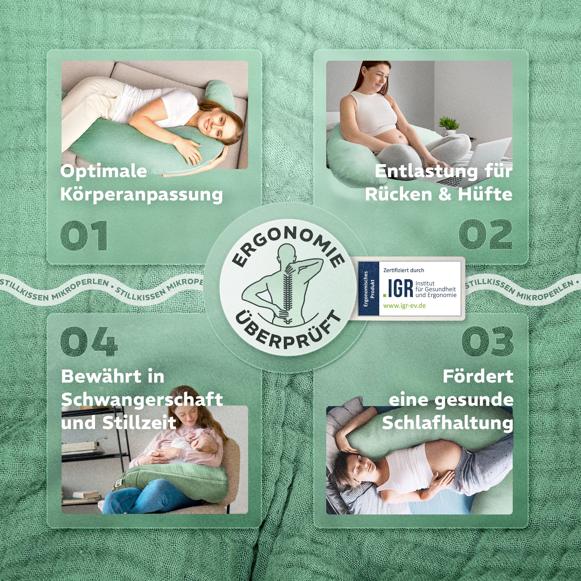 sei Design Stillkissen XXL Set Mikroperlen-Füllung Musselin-Bezug + noch 1 X Stillkissenbezug aus Bio Baumwolle, ergonomisches Schwangerschaftskissen Seitenschläferkissen Babynestchen