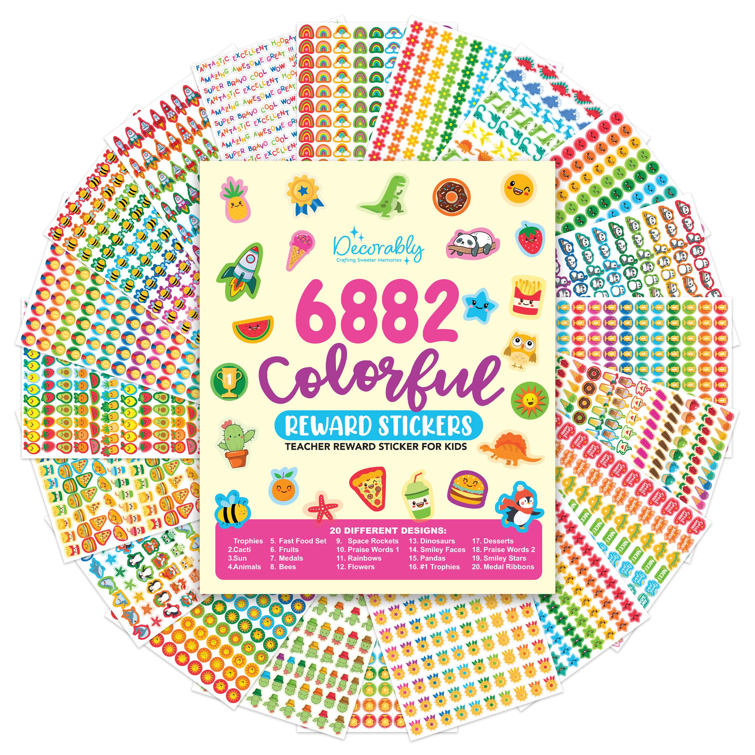 Decorably 6,882 Assorted Small Reward Stickers for Kids - 60 Sheets Sticker Chart Stickers, Classroom Activities, Positive Reinforcement, Arts & Crafts, Scrapbooking, Gift