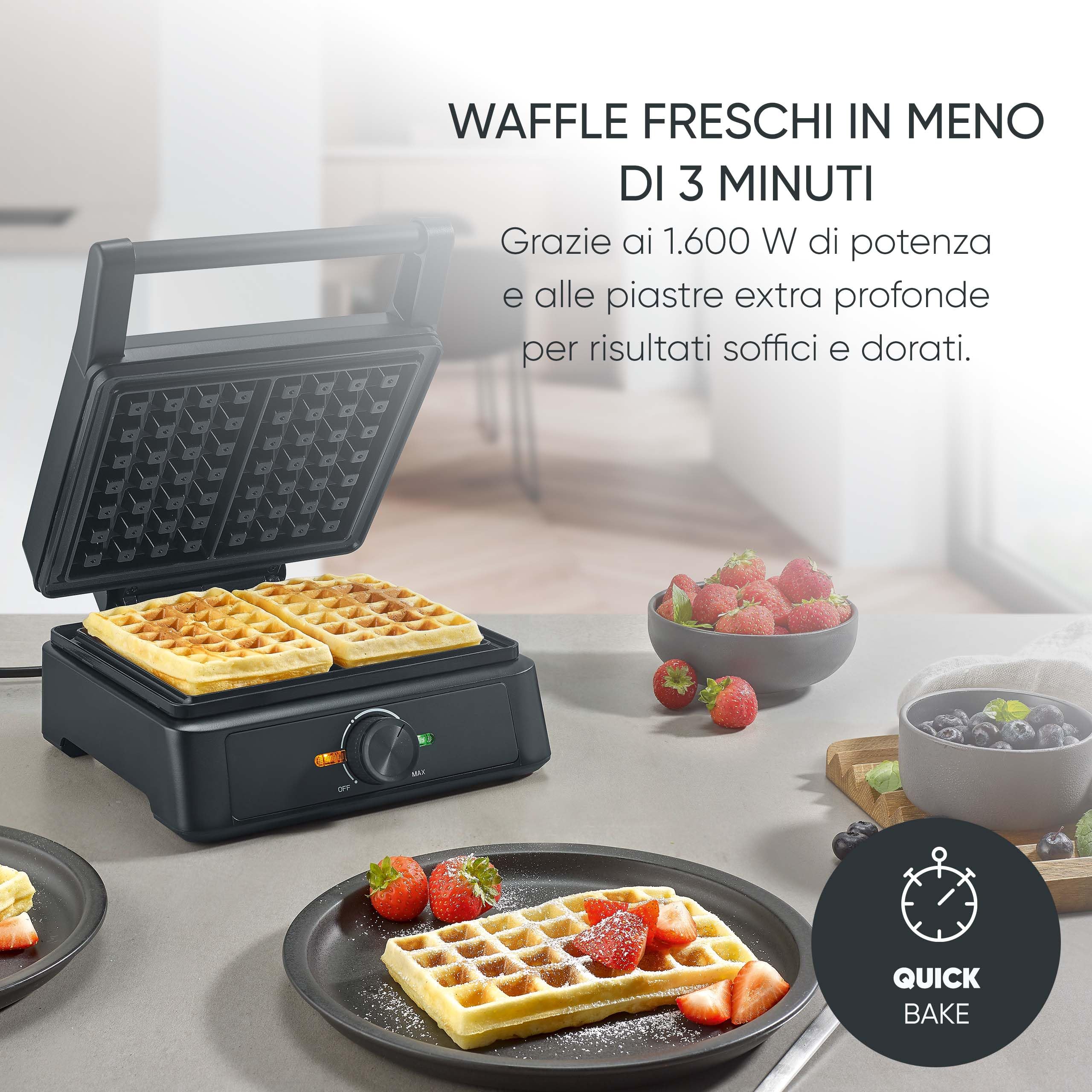 Severin Macchina per Waffle Belgi, Piastra con Rivestimento in Ceramica Senza PFAS, 1600W, Cottura Rapida, Piastre Extra Profonde per 2 Waffle, Nero/Acciaio Inox, WA 2130