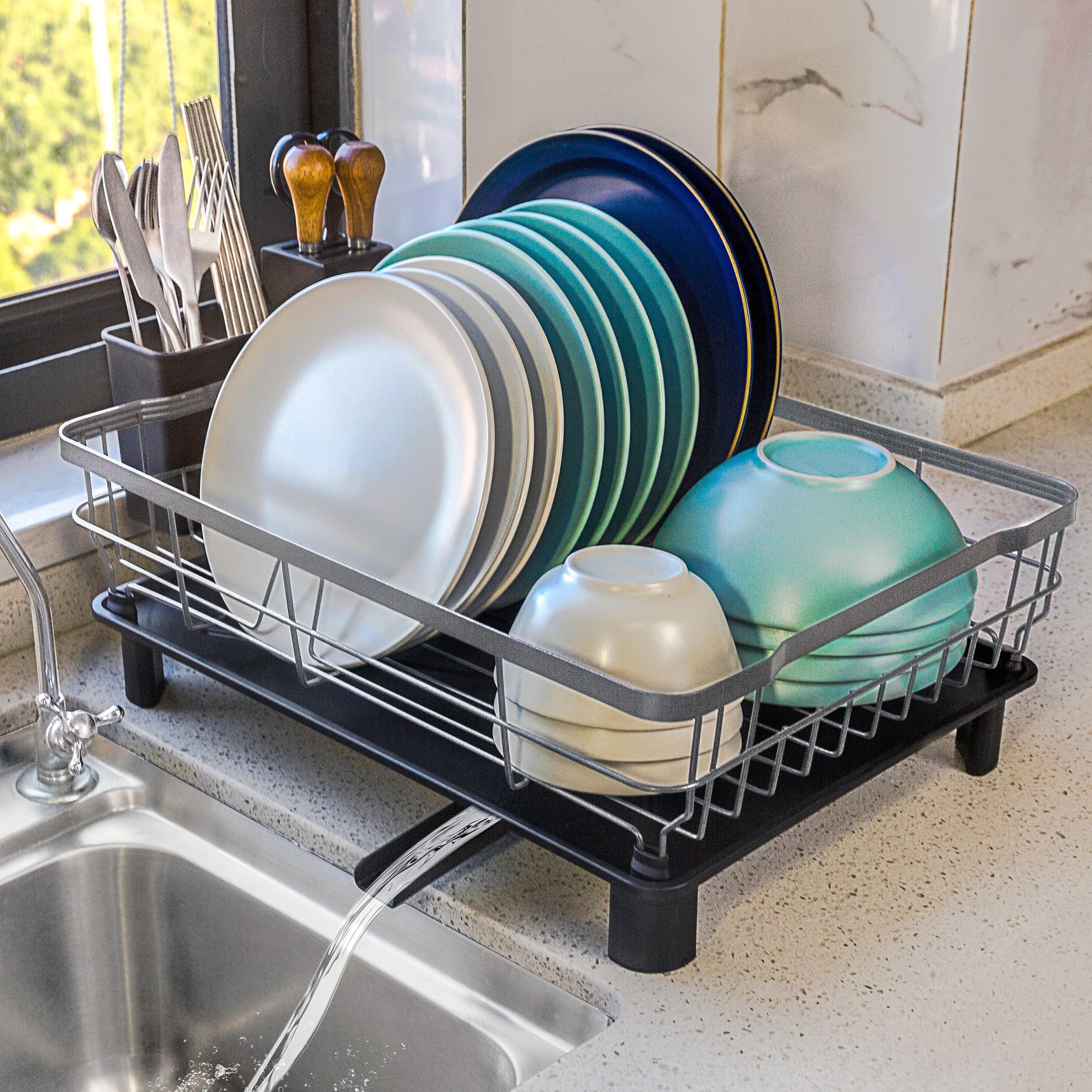 Goderewild Dish Drying Rack for Kitchen Counter,Space-Saving Dish Rack with Drainboard,Rustproof Countertop Dish Drainer with Utensil Holder for Sink,Gray