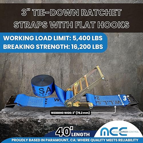 Mega Cargo Control Correa de amarre de trinquete de 3 pulgadas x 40 pies con ganchos planos, correas de transporte con resistencia a la rotura de