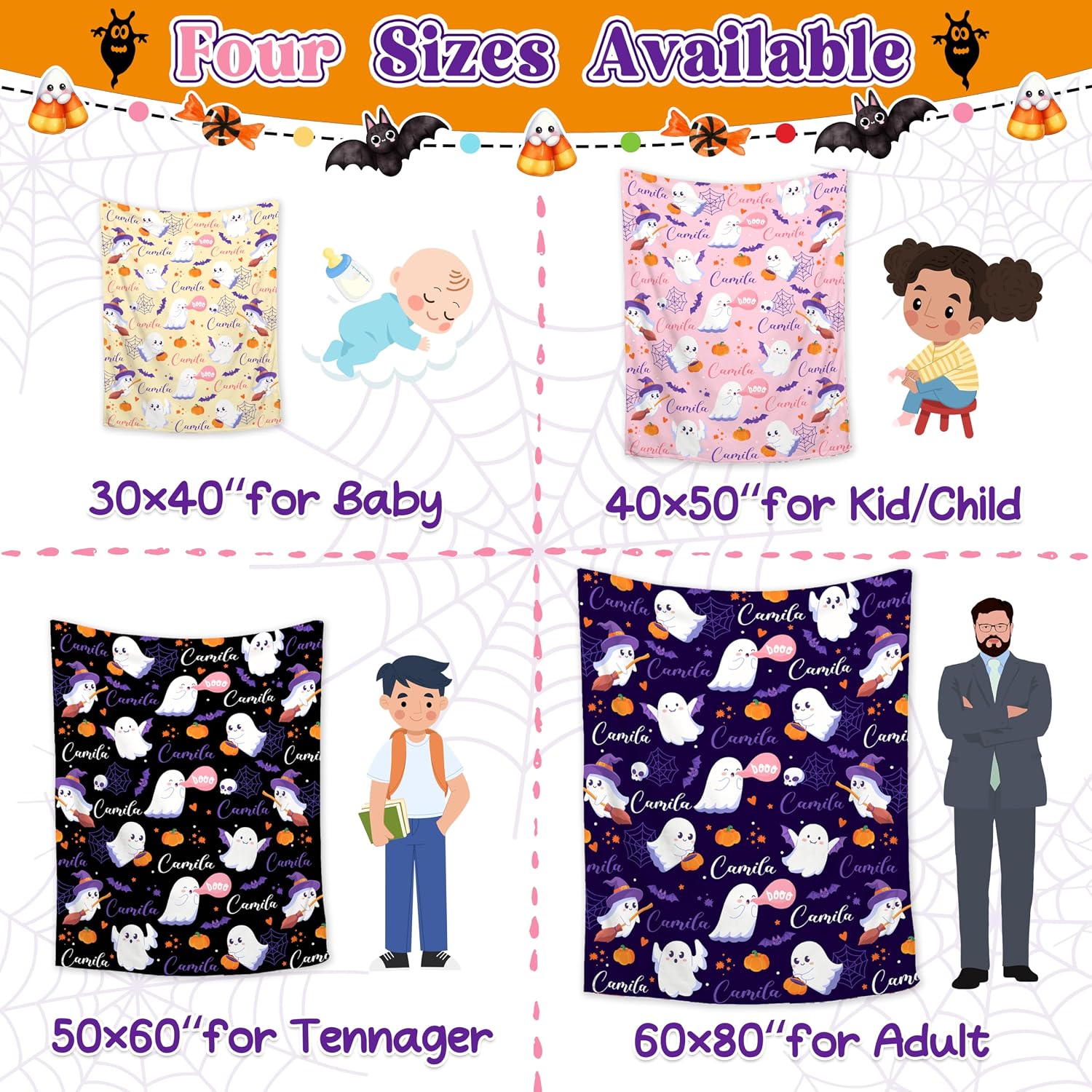 Personalized Halloween Blanket with Name for Boy Girl Custom Halloween Ghost Throw Blankets Soft Plush Customized Black Blanket for Toddler Infant Unique Custom Gift for Kid Women Men Teen Ghost Decor