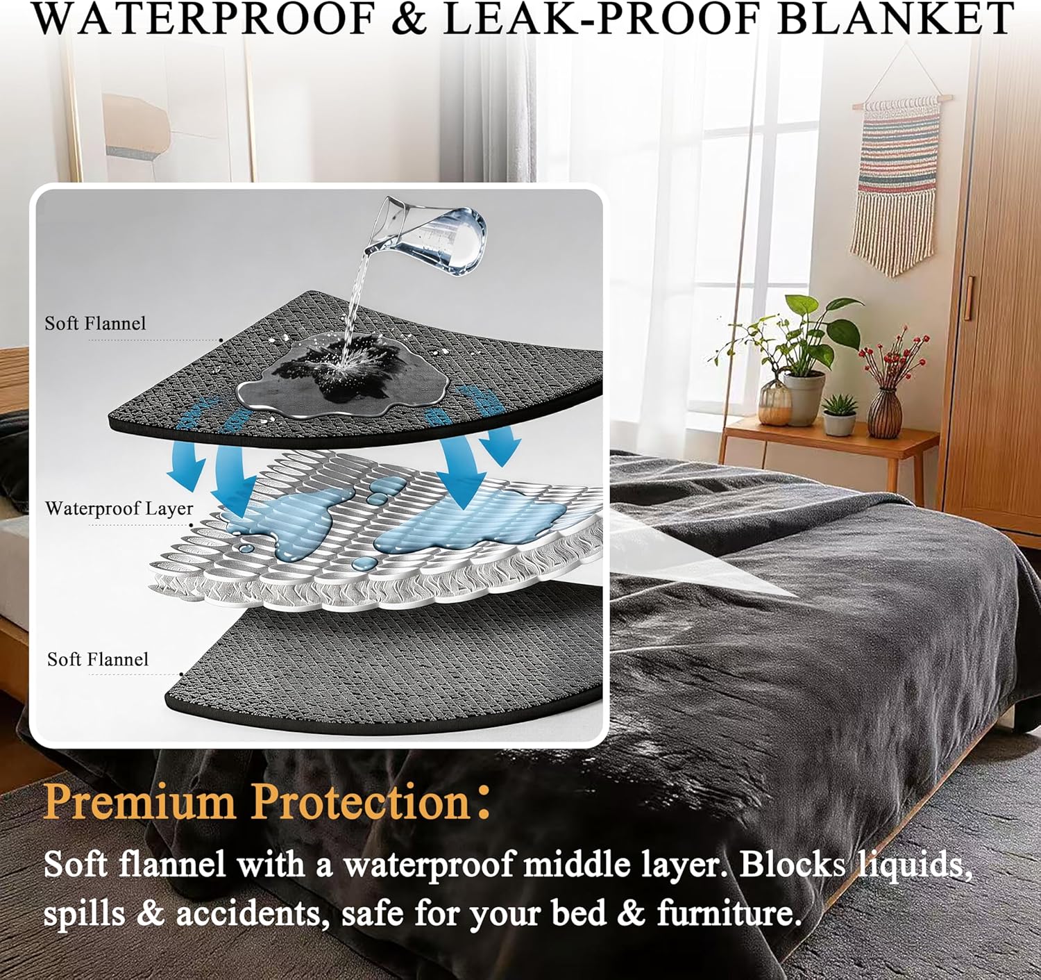JUIN Waterproof Dog Blanket for Bed: Large Water Proof Cover for Bed Intimacy & Pet Protection - Soft Flannel Sheets for Bed Couch Sofa - King Size 108" x 90" Gray