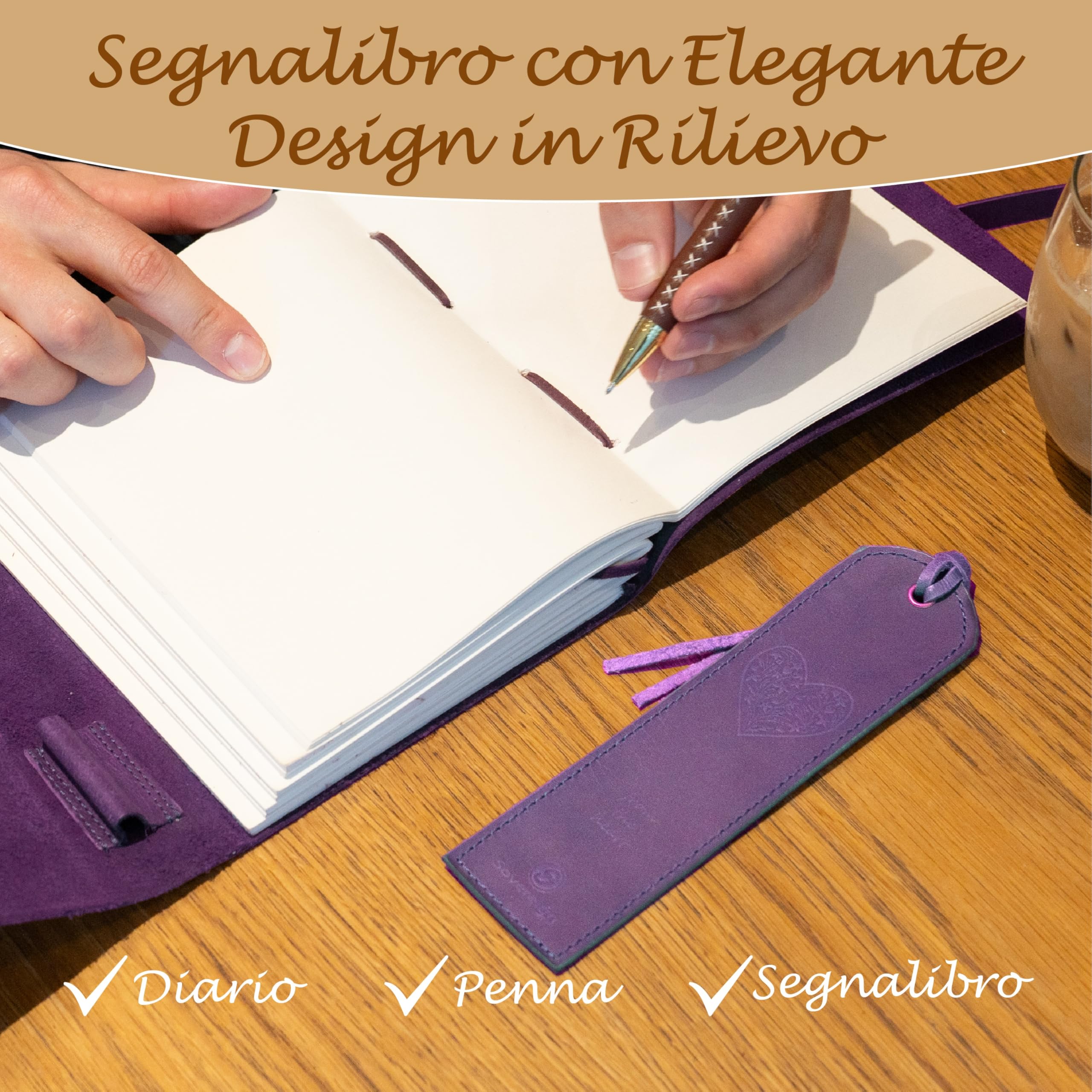 Leather Journal Embossed Purple Heart Gift Set + Antique Leather Bookmark + Pen, Handmade Writing Notebook 8x6 Inches Unlined Bound Daily Notepad For Men & Women, Luxury Gift Box for all ages