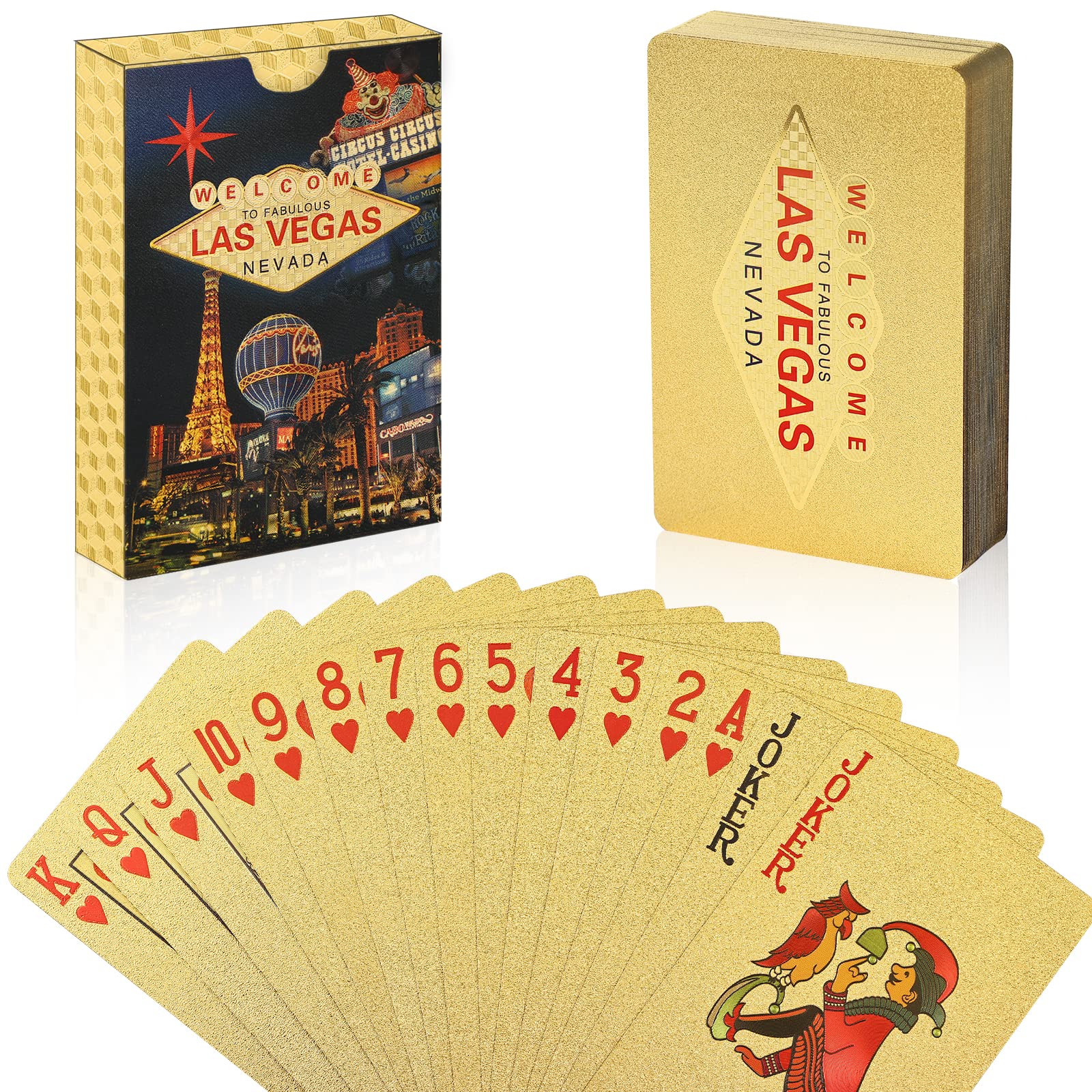Joyoldelf Playing Cards, Luxury Gold Playing Cards with Las Vegas Words, Flexible Deck of Cards & Waterproof Playing Cards with Box for Family or Friend Card Games, Party, Magic, Trick Tool