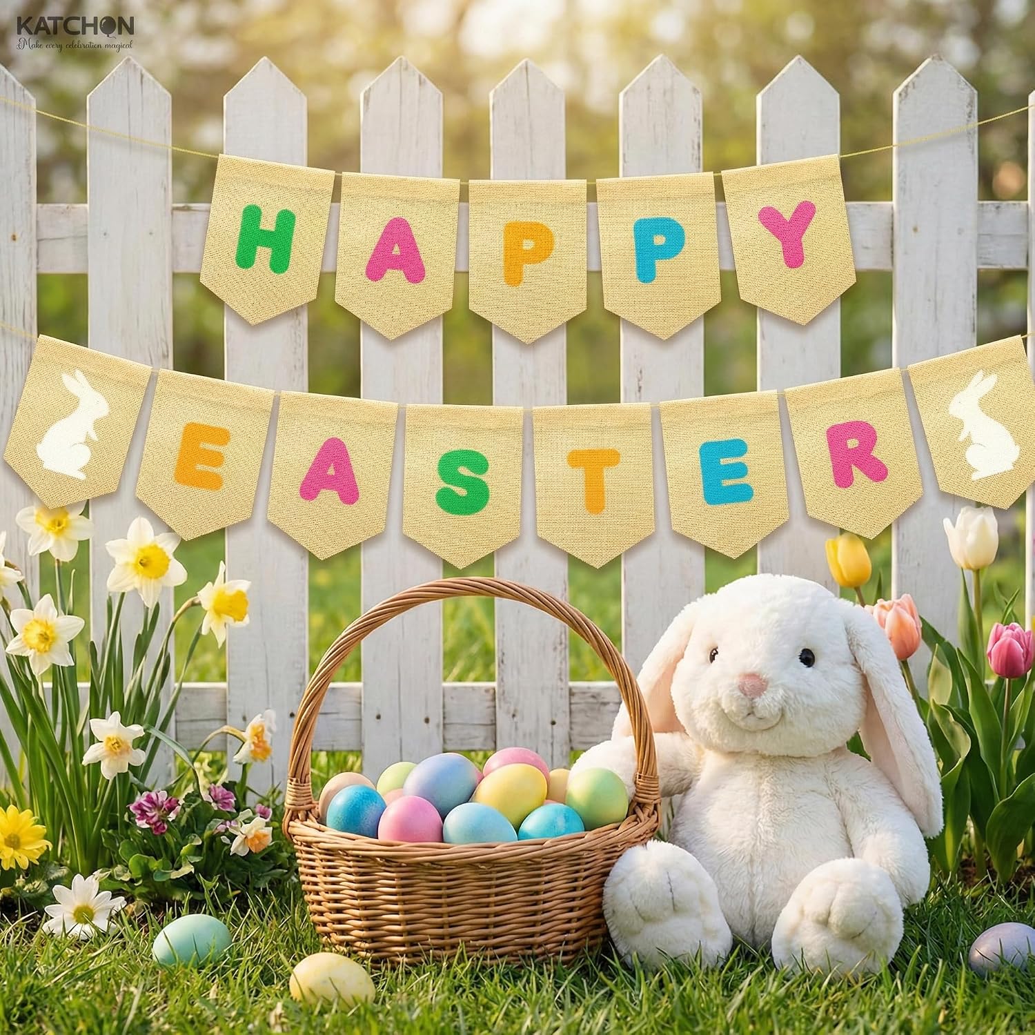 KatchOn, Easter Burlap Banner - 10 Feet, No DIY | Easter Burlap Garland for Easter Decorations Home | Easter Banner Garland for Classroom, Office, Outdoor Decorations
