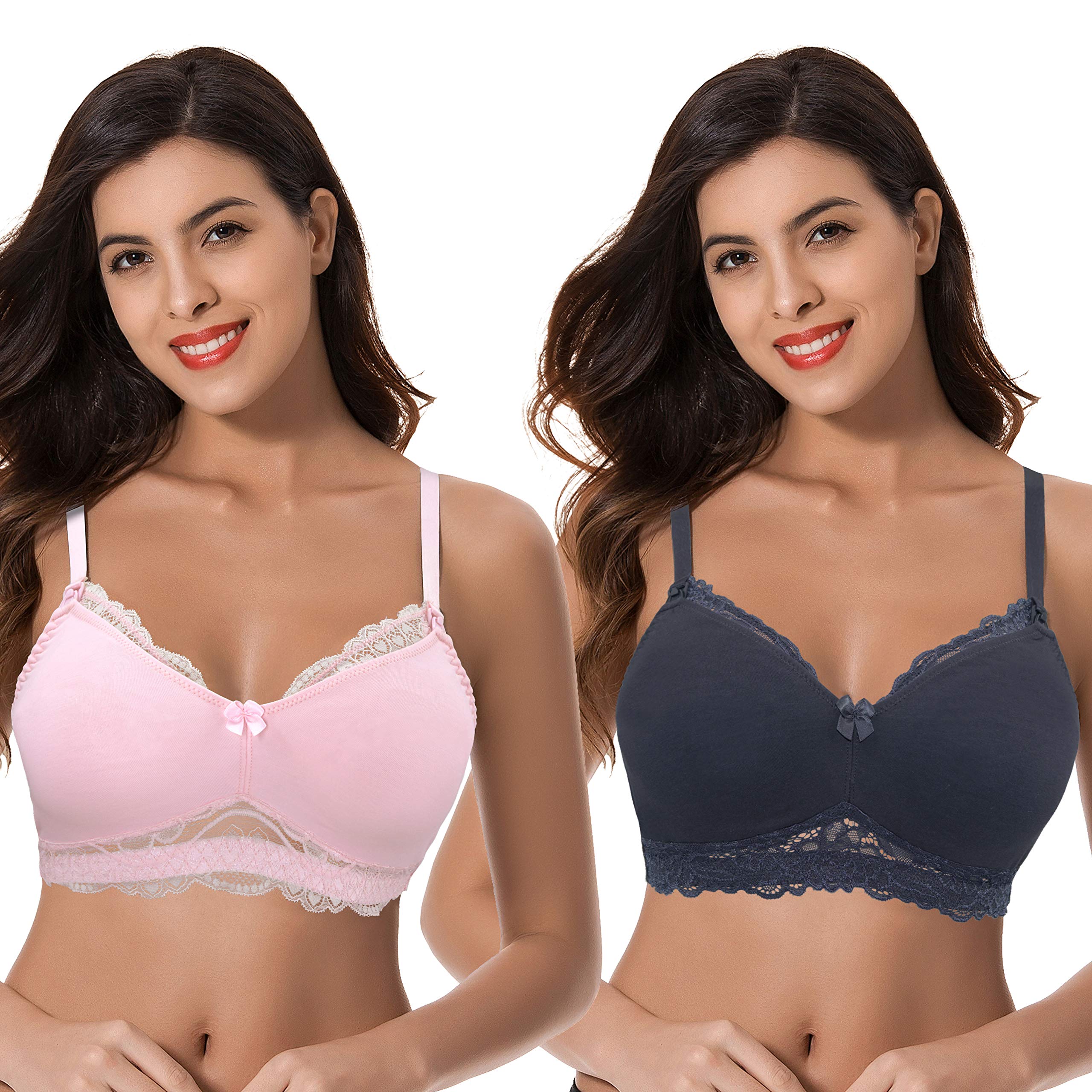 Curve Muse Plus Size Nursing Cotton Unlined Bra with Lace Trim-2 Or 3PK