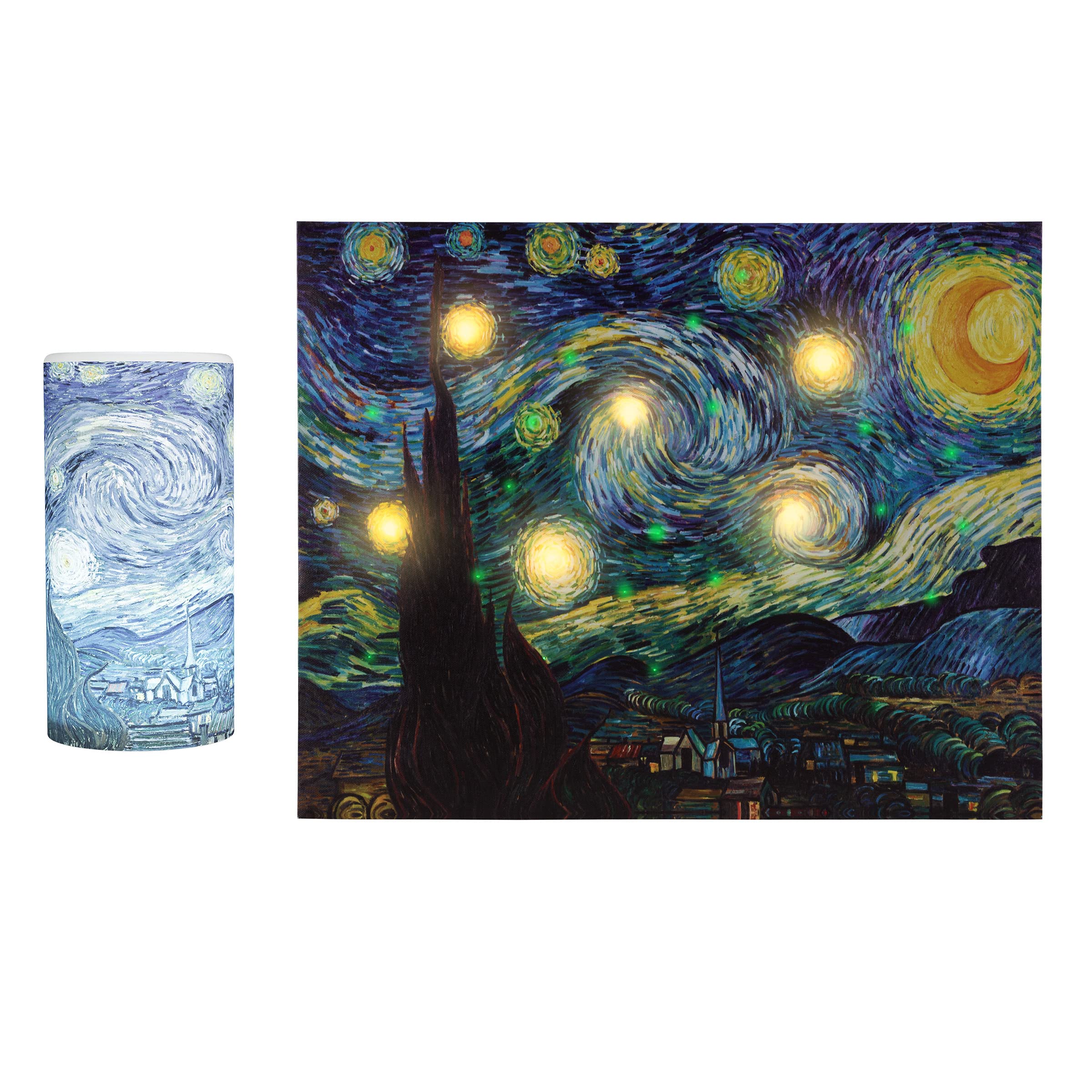 Lavish Home Van Gogh Wall Art Set – Lighted Canvas Starry Night Print with Timer Fiber Optic Lights and LED Flameless Candle – Home Décor (16x20)