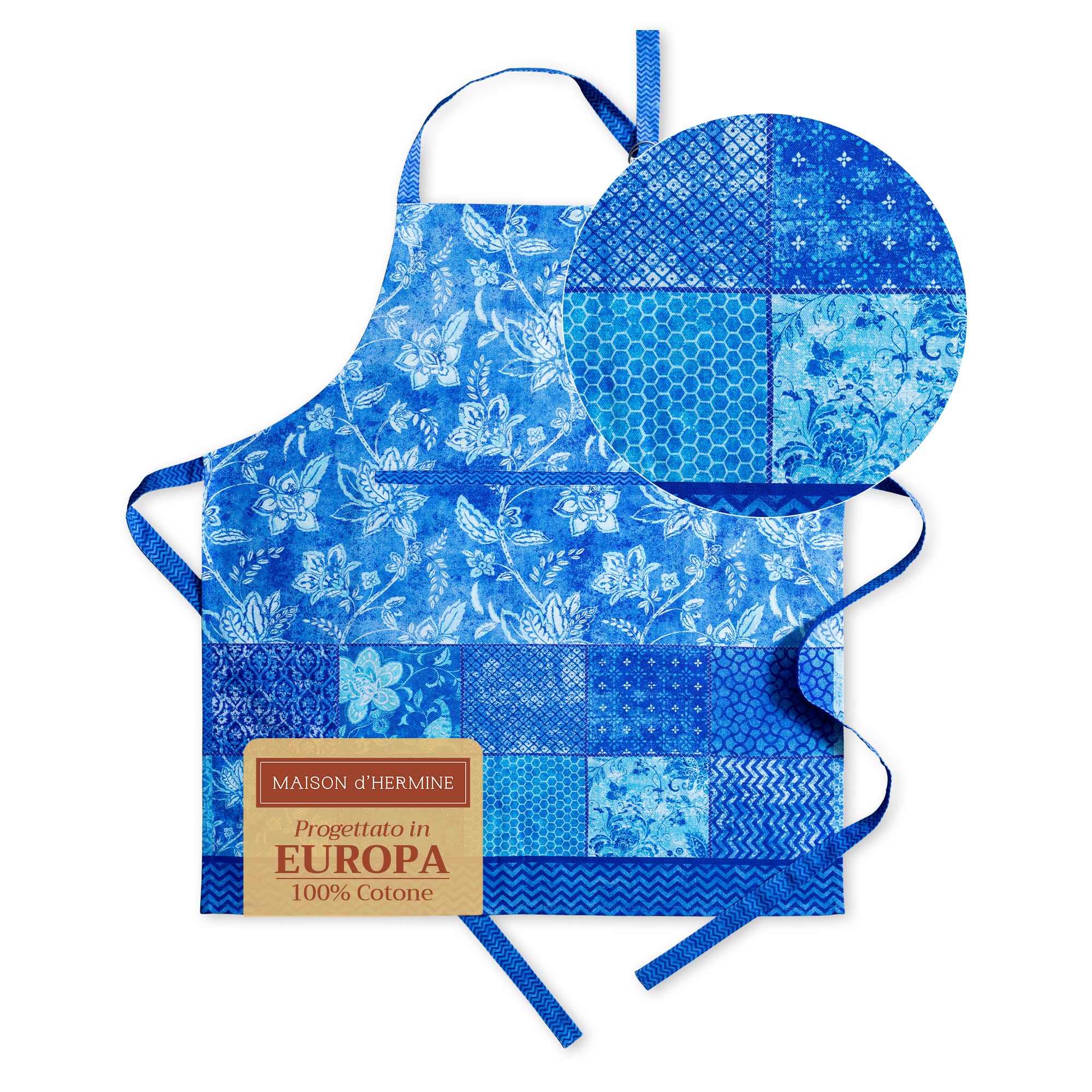 Maison D' Hermine Women's 074 - Indigo Love 100% Cotton Apron For With Pocket Kitchen Chef Spring Summer Apron For Men Cooking Gardening Server Waitress Maid - (Indigo Love, 85 Cm X 70 Cm)