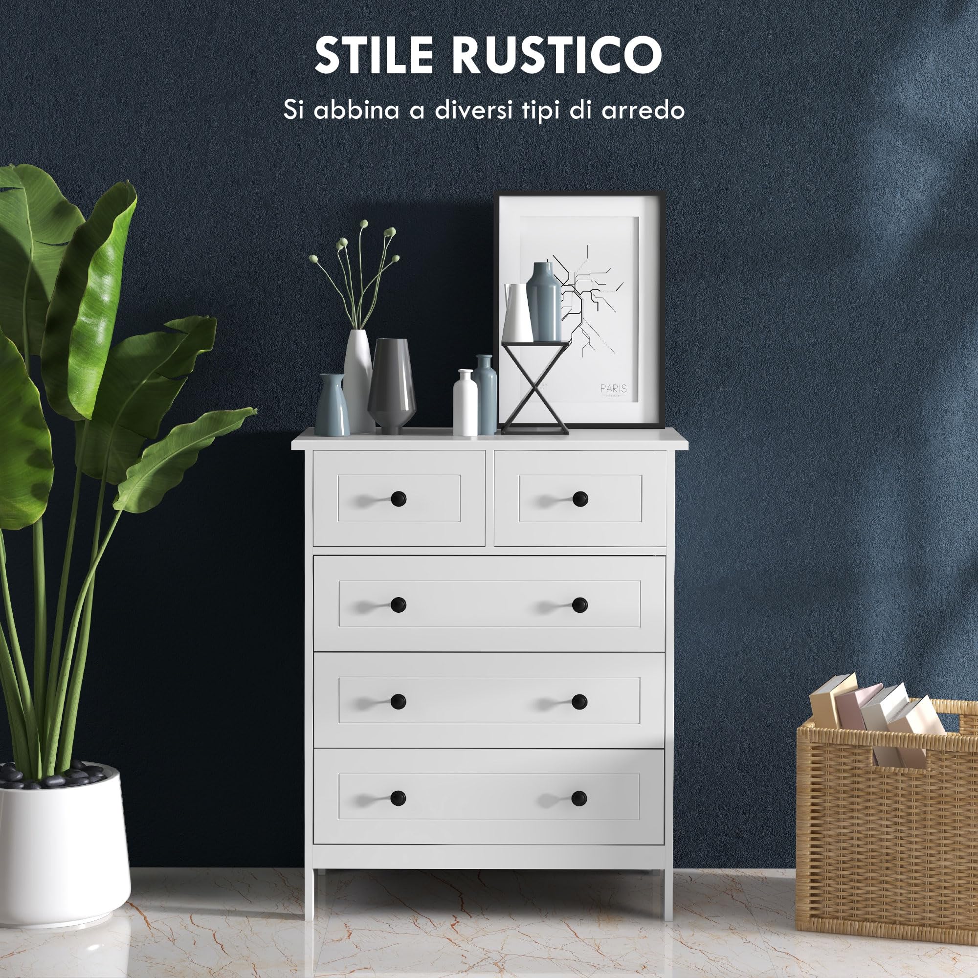 HOMCOM Cassettiera Camera da Letto, Cassettiera 5 Cassetti in Legno con Maniglie, Comò Salvaspazio e Antiribaltamento, per Soggiorno, Camera da Letto e Ingresso, 74x40x91cm, Bianco