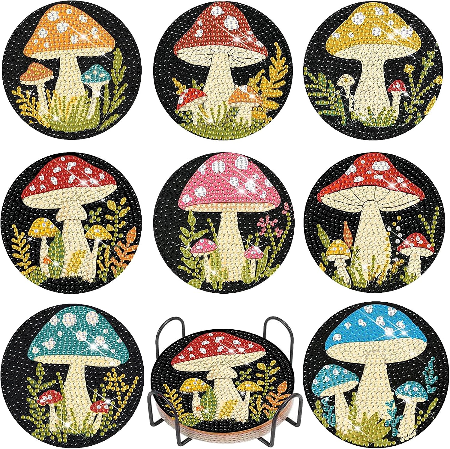 EWJRNSF 8 PCS Mushroom 5D Diamond Painting Coasters DIY Kit with Holder