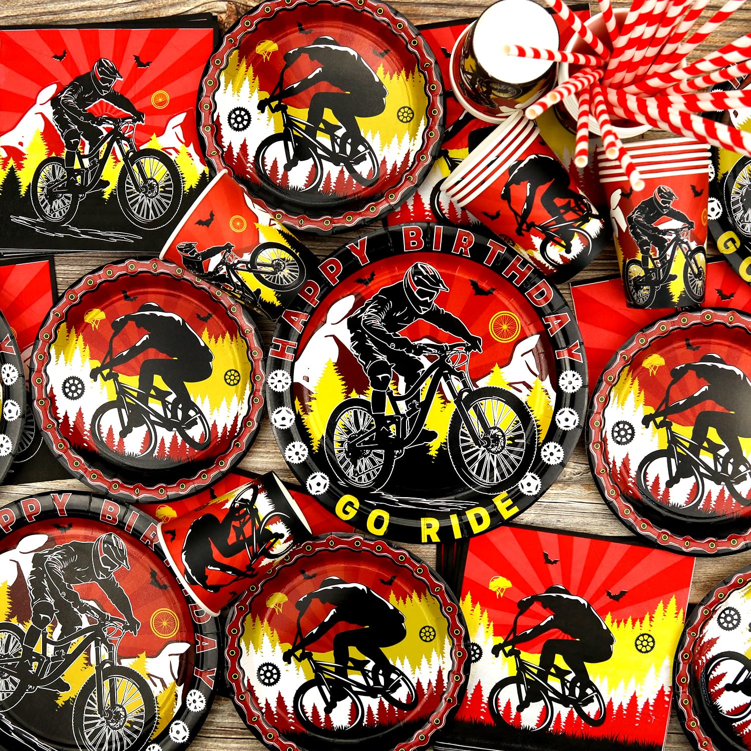 Decorazioni per feste di compleanno per bicicletta, accessori per feste in bicicletta, tra cui striscioni, piatti, decorazioni per torte, bicchieri, tovaglioli, palloncini, tovaglie, per 20