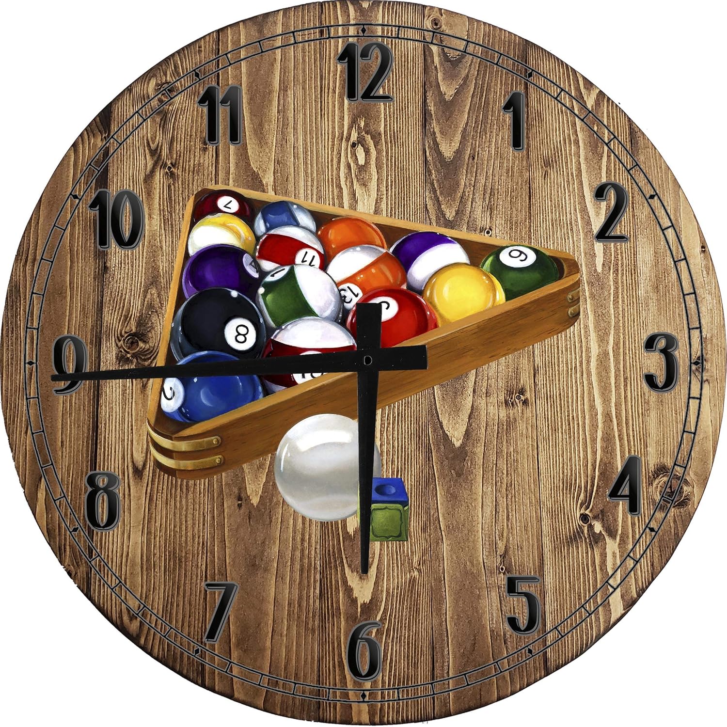 Billiards Pool Racked 8 9 Ball Large Round Wall Clock Decor 24 Inch Battery Operated Brown Wall Art