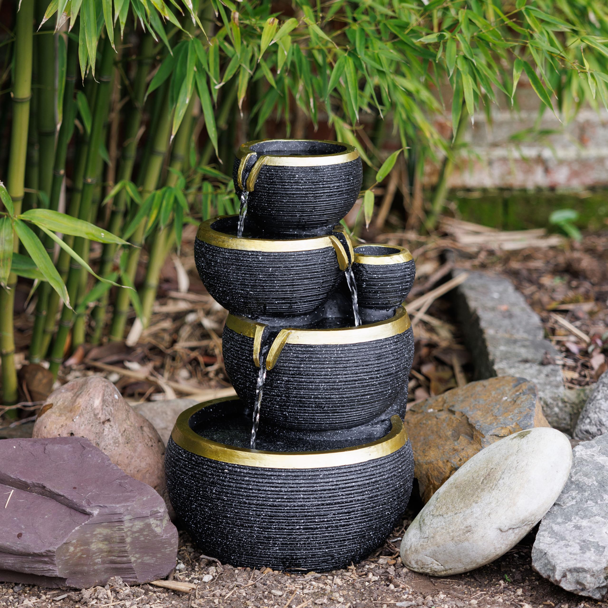 Primrose Black 46Cm Gold Edge 3-Tier Stacked Bowls Solar Water Feature With Led Lights