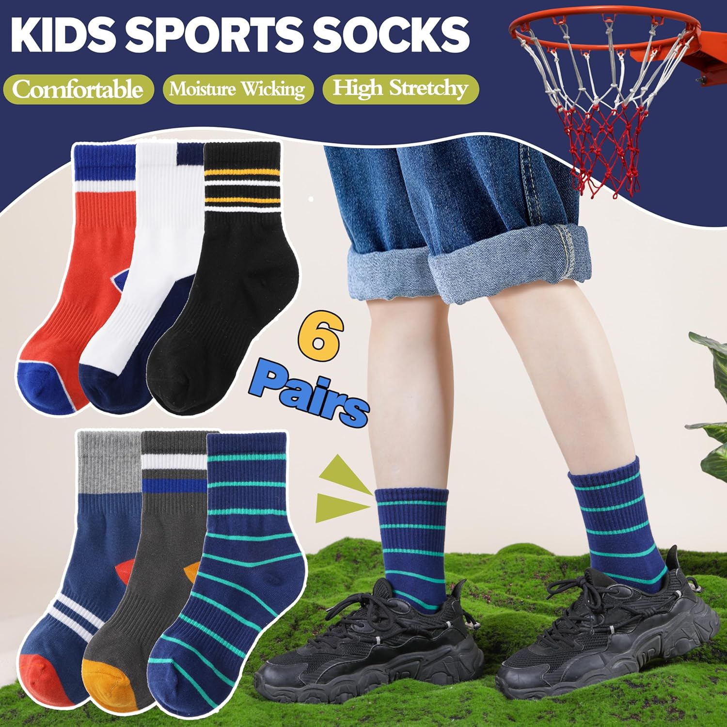 EBMORE 6 Pairs Kids Boys Socks Athletic Basketball Sport Breathable Crew Soft Cotton Youth Socks for Outdoor - Image 3