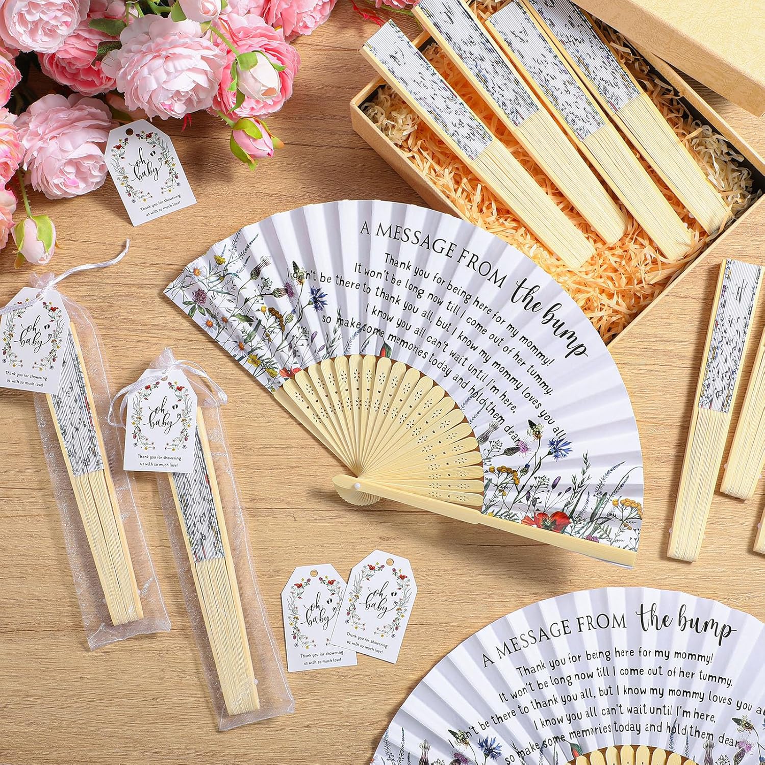 50 Sets Flower Baby Shower Hand Fans for Guests, Bamboo Folding Fans with Thank You Cards Organza Bags Flower Baby Shower Party Favors Decorations