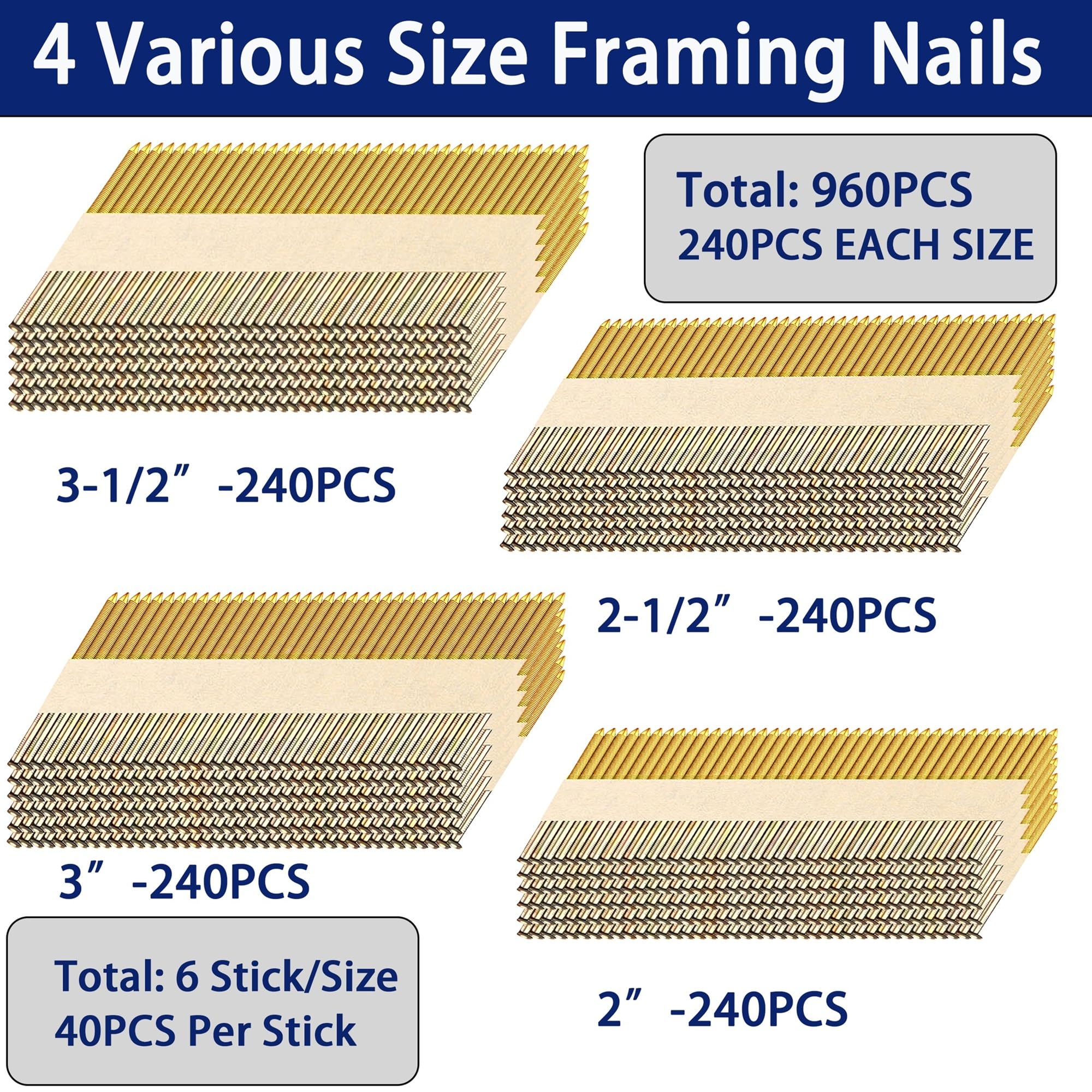 HW HAMWOO Framing Nails - 960 Pcs -5 HW HAMWOO Framing Nails - 960 Pcs -5
