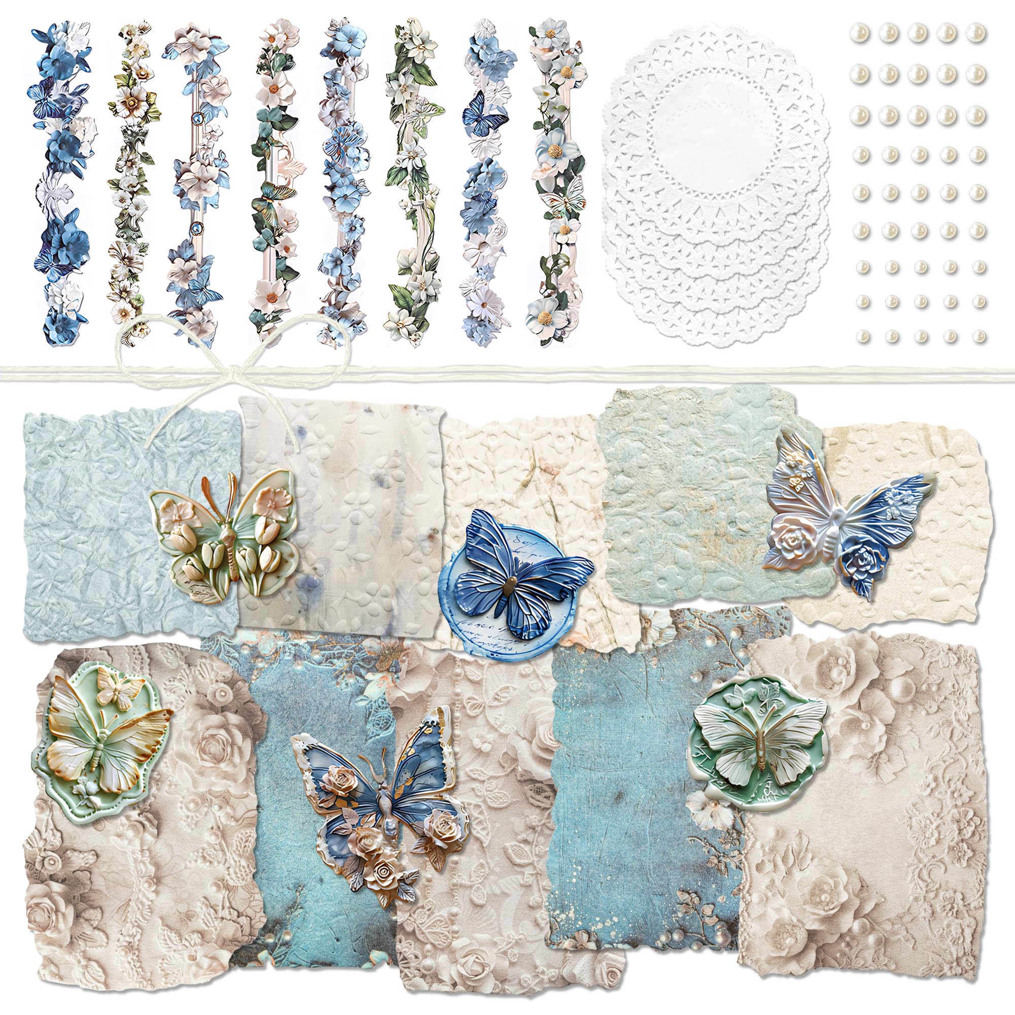 Aesthetic Butterfly Sticker Set - Embossed Flower Pattern, Retro Strip Decals, Decoupage Paper For Journaling & Crafts