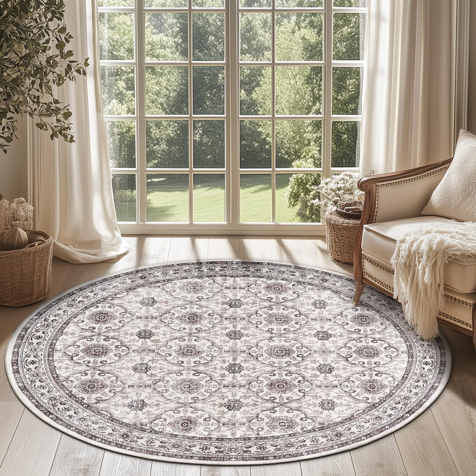 jinchan Round Rug 5ft Washable Circle Soft Rug - Low Pile Vintage 5'Round Indoor Beige Floral Print Stain Resistant Boho Carpet Ultra-Thin Non-Slip