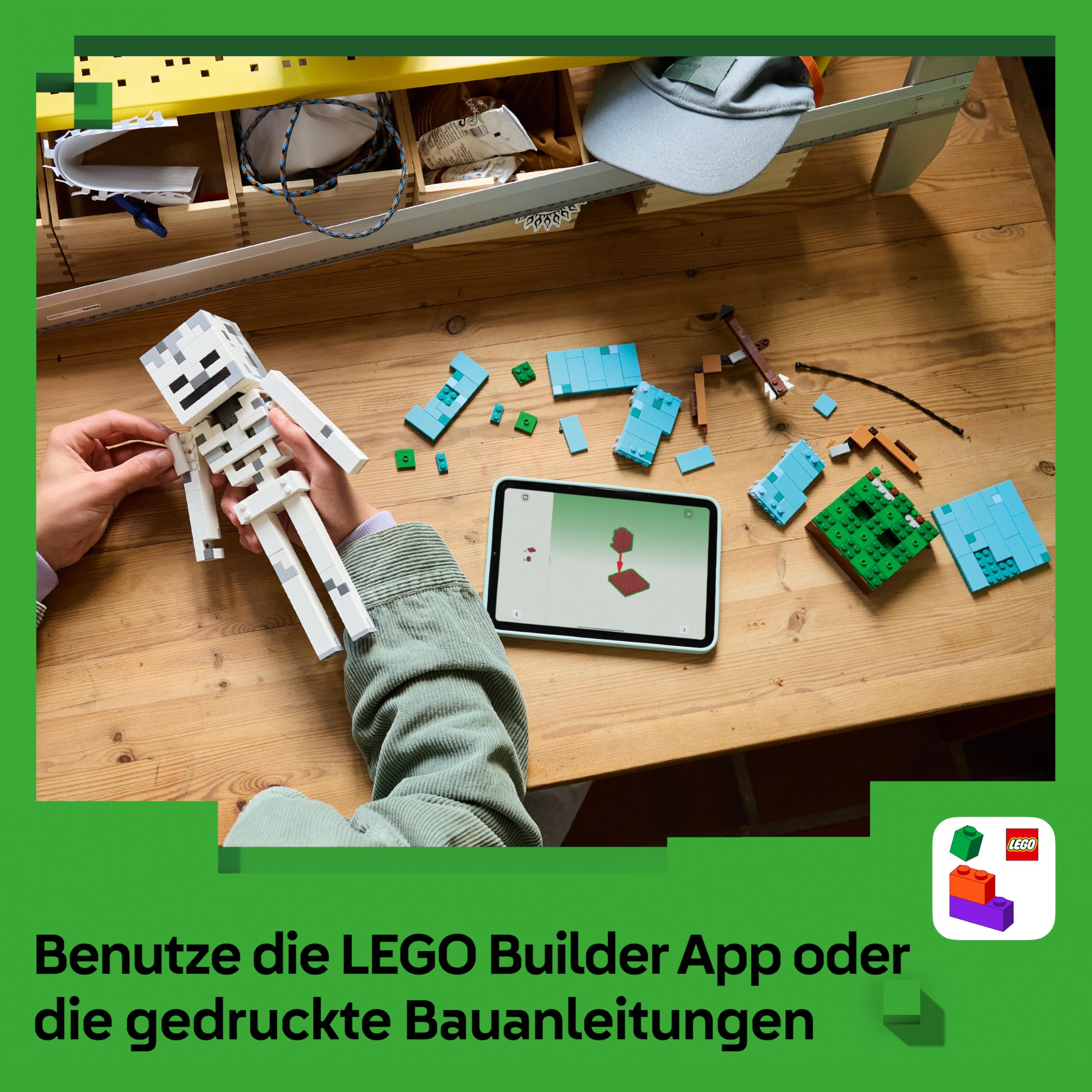 LEGO Minecraft Das Skelett - Mob Figur mit Diamanthelm, Bogen und Pfeil sowie Grasbasis als Zimmerdeko für Kinder - Gaming Geschenk für Jungen, Mädchen und Fans ab 10 Jahren - 21594