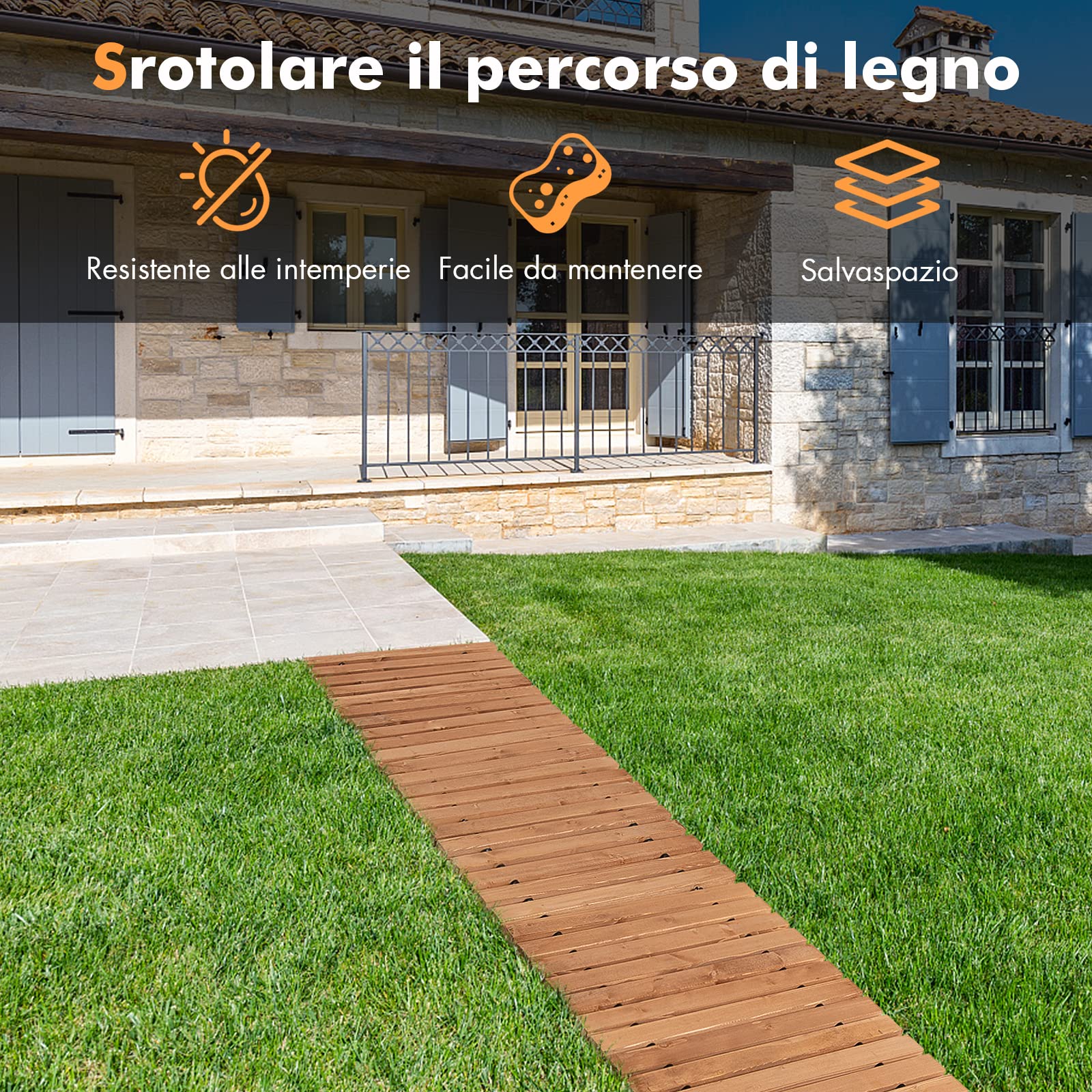 COSTWAY Passerella Arrotolabile per Giardino, Sentiero da Giardino con Filo di Ferro e Consistenza Antiscivolo Resistente alle Intemperie, Percorso in Legno per Cortile e Spiaggia (245 x 43 x 2 cm)