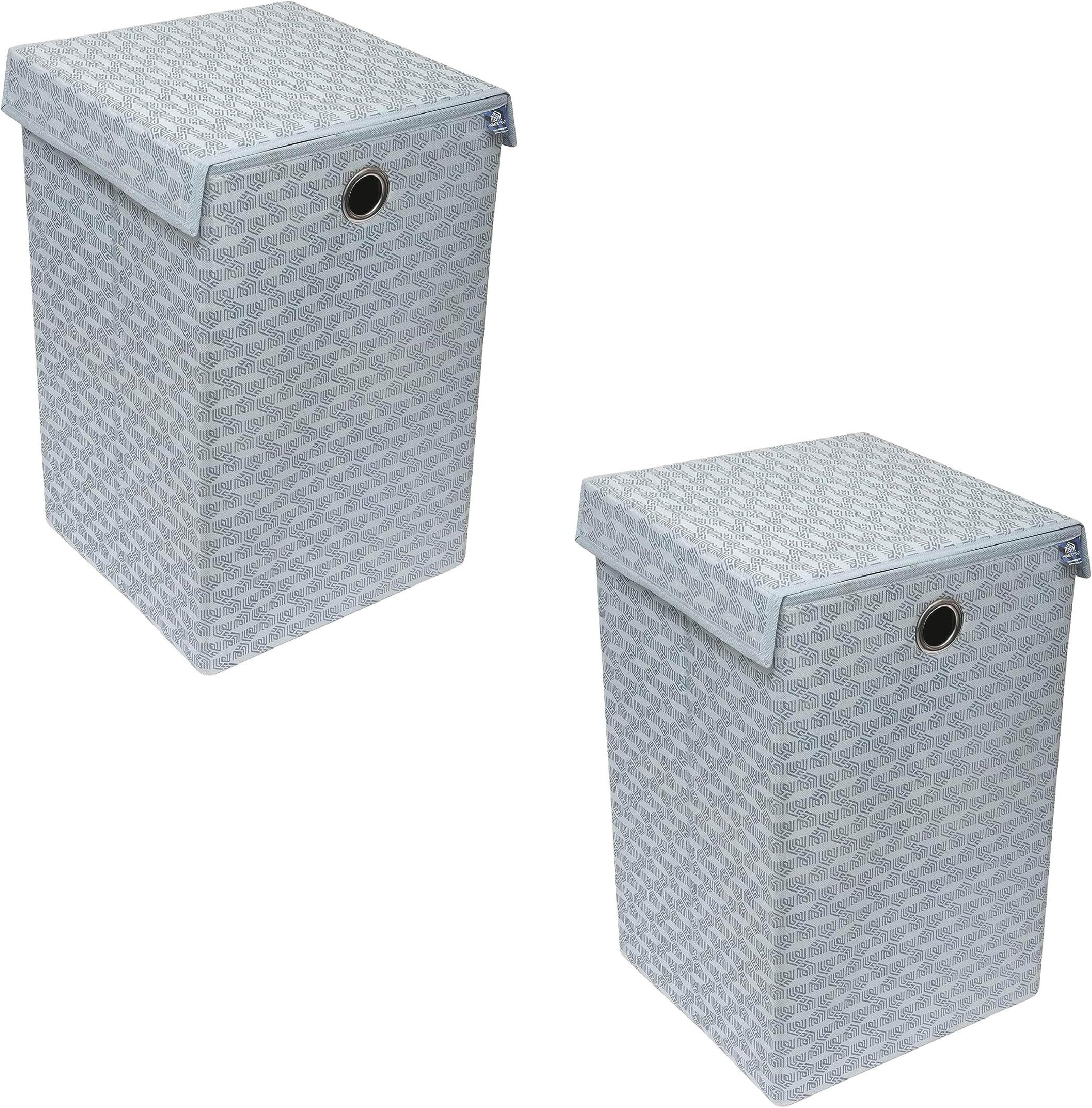 Homestrap Printed Non-Woven Laundry Basket with Lid and Handle – 75L Foldable Cloth Storage Hamper for Clothes, Towels, Toys, Shoes | Collapsible Organizer for Bedroom, Bathroom (Grey/Pack of 2)